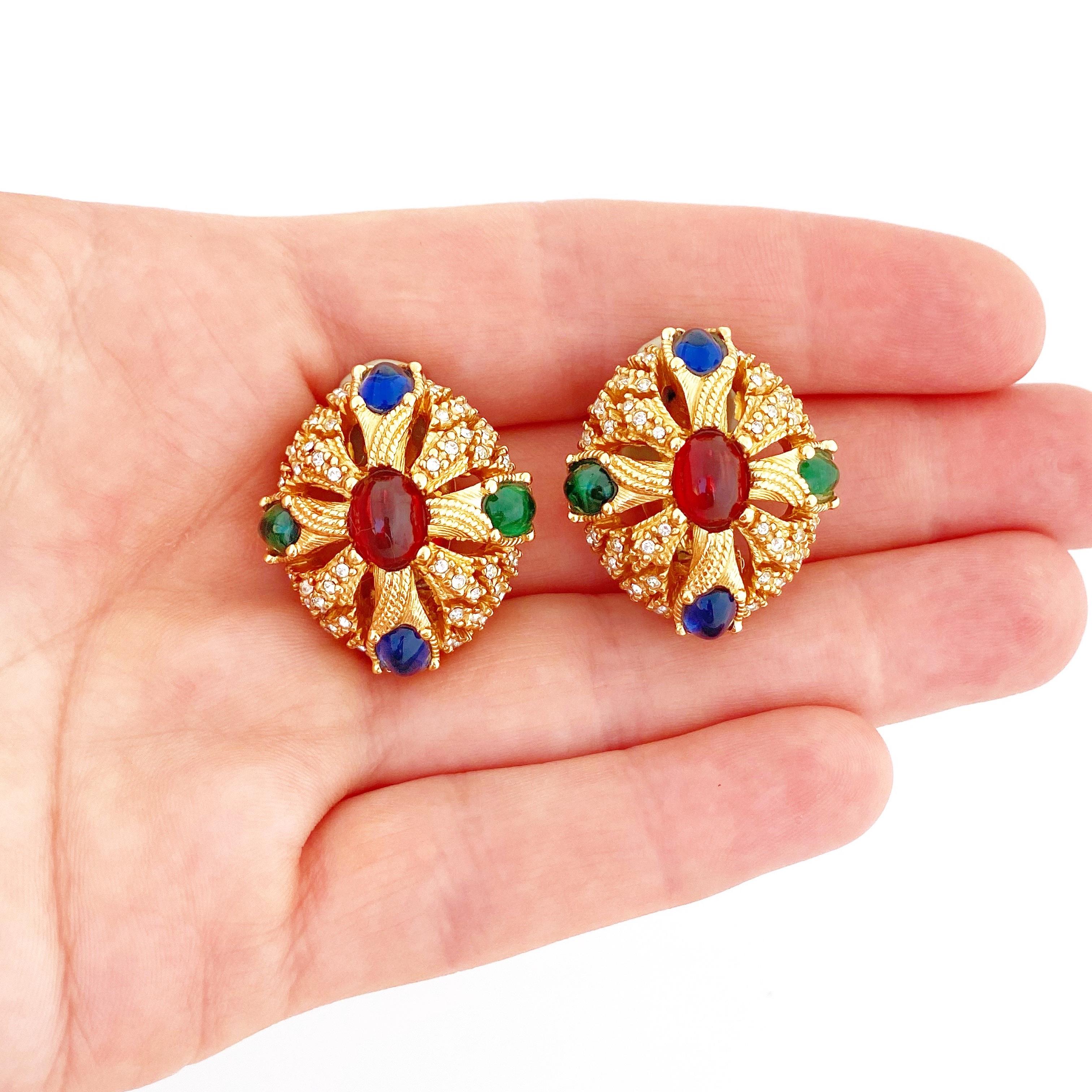 Jewels Of India Mughal Gripoix Glass Earrings By Ciner, 1950s In Good Condition In McKinney, TX