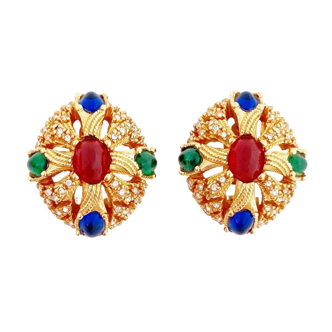 Jewels Of India Mughal Gripoix Glass Earrings By Ciner, 1950s
