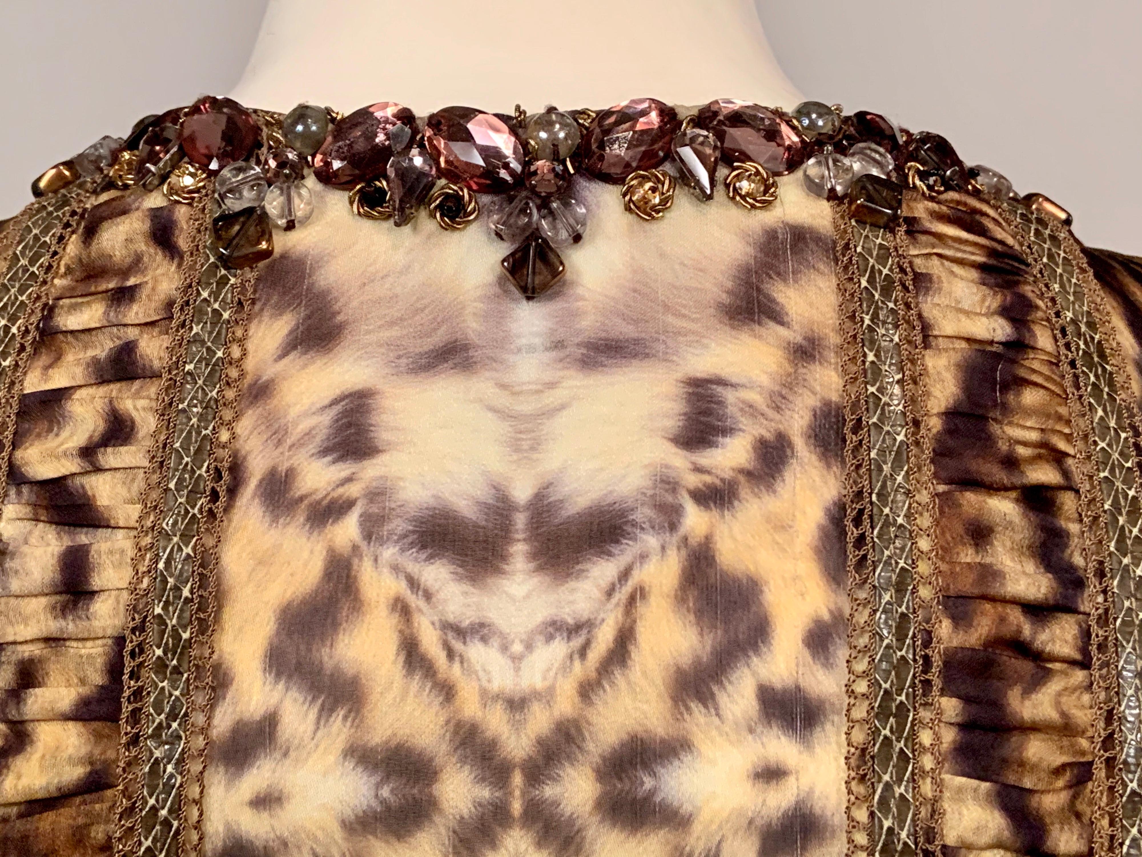 Oscar de la Renta Animal Print Silk Chiffon Blouse Jewels, Snakeskin, Pin Tucks For Sale 4