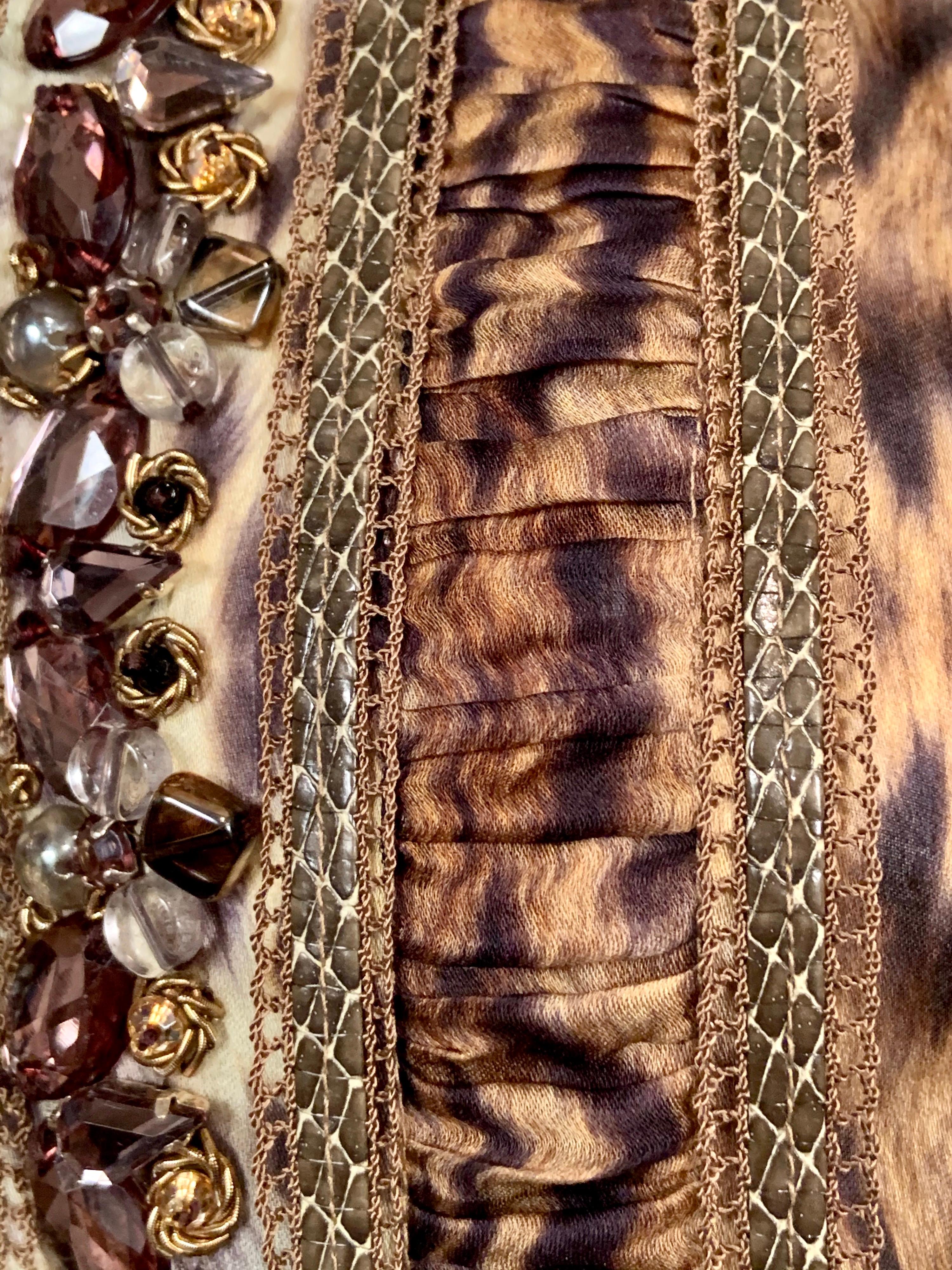 Brown Oscar de la Renta Animal Print Silk Chiffon Blouse Jewels, Snakeskin, Pin Tucks For Sale