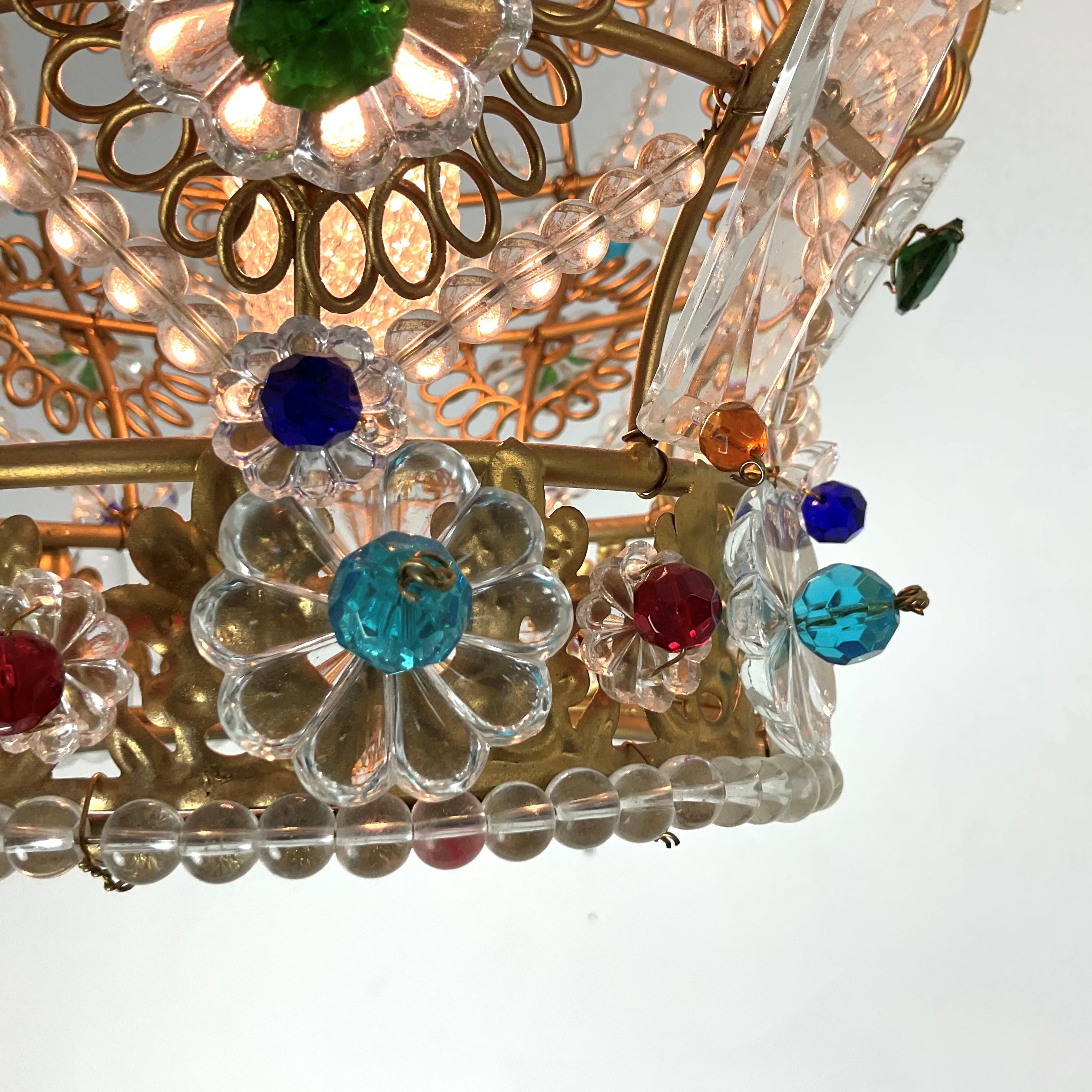 Kings crown light made with Jewel tone all glass beads and rosettes on a metal crown frame. Exquisitely detailed and super nice quality. Single candelabra bulb with crystal beaded bulb cover. Imagine this gem in an unusual Powder Room or a commode