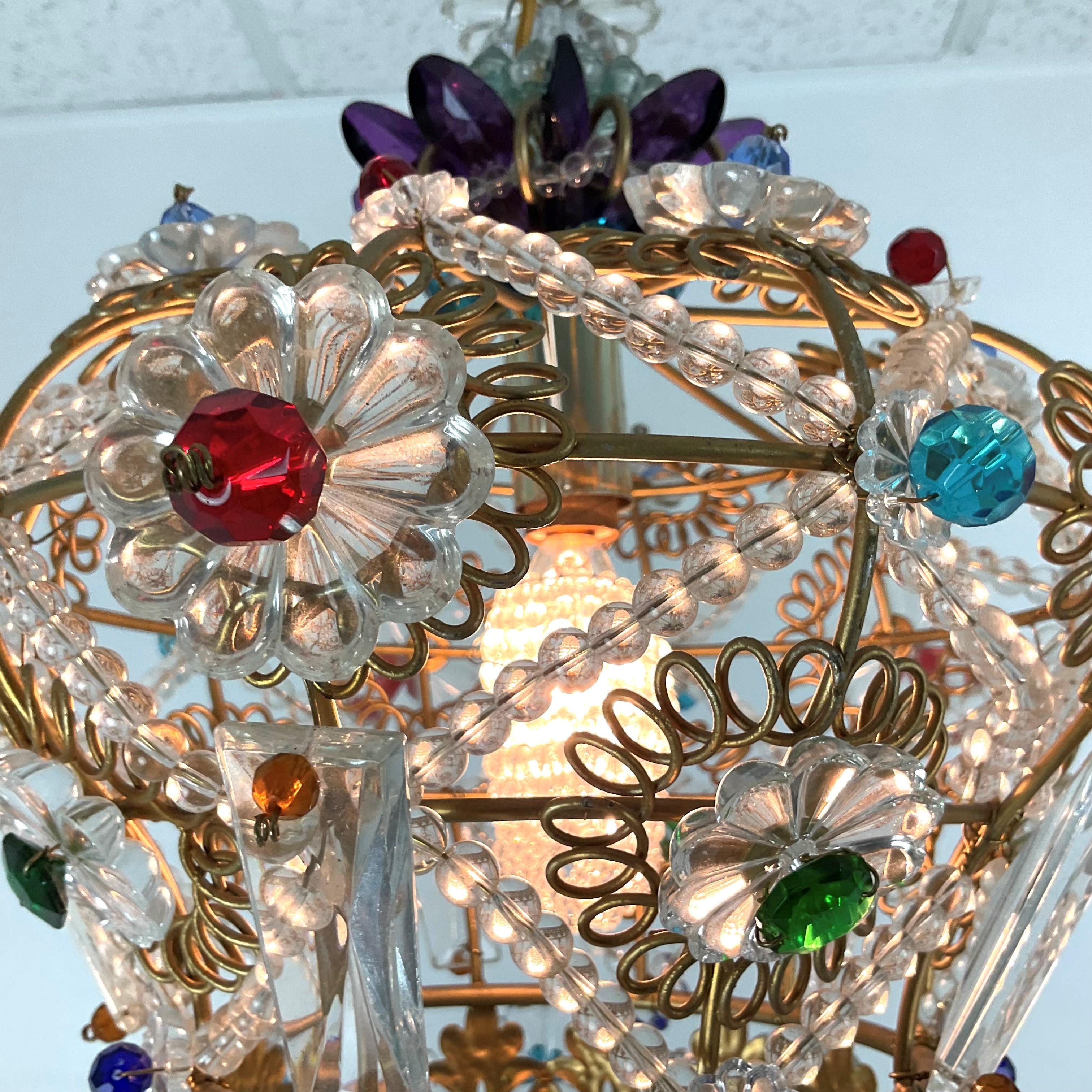 Mid-Century Modern Jewel Tone all Glass Bead and Rosetta Crown with Metal Frame For Sale