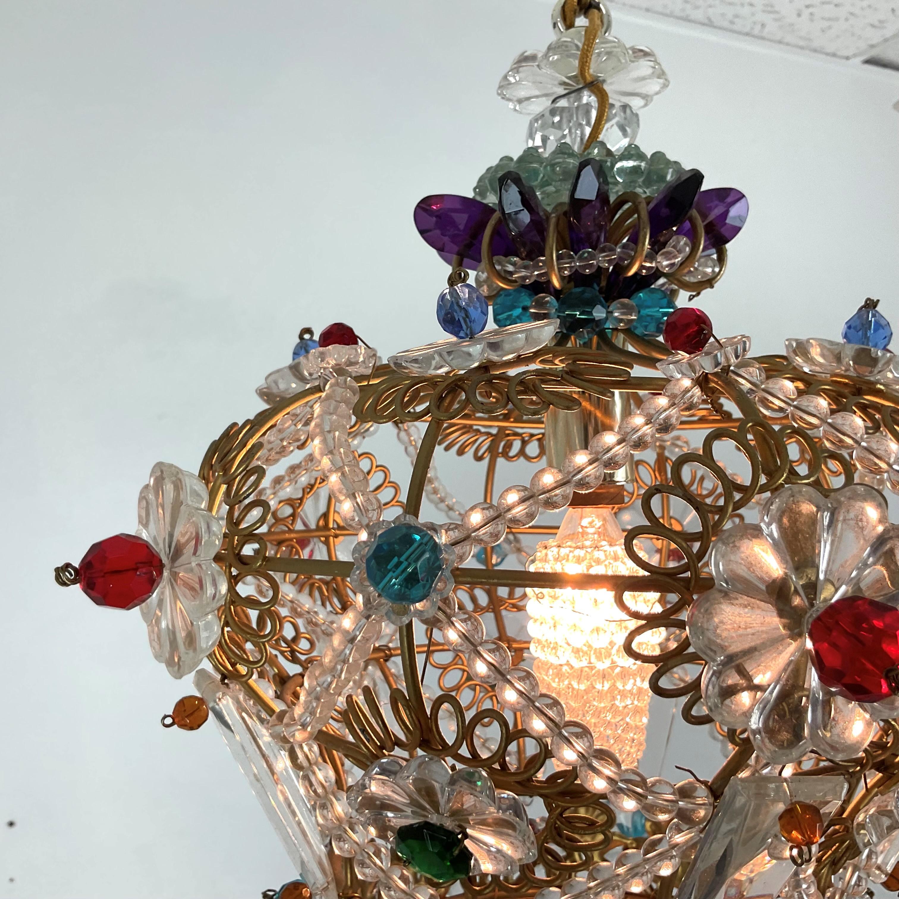 Mid-20th Century Jewel Tone all Glass Bead and Rosetta Crown with Metal Frame For Sale