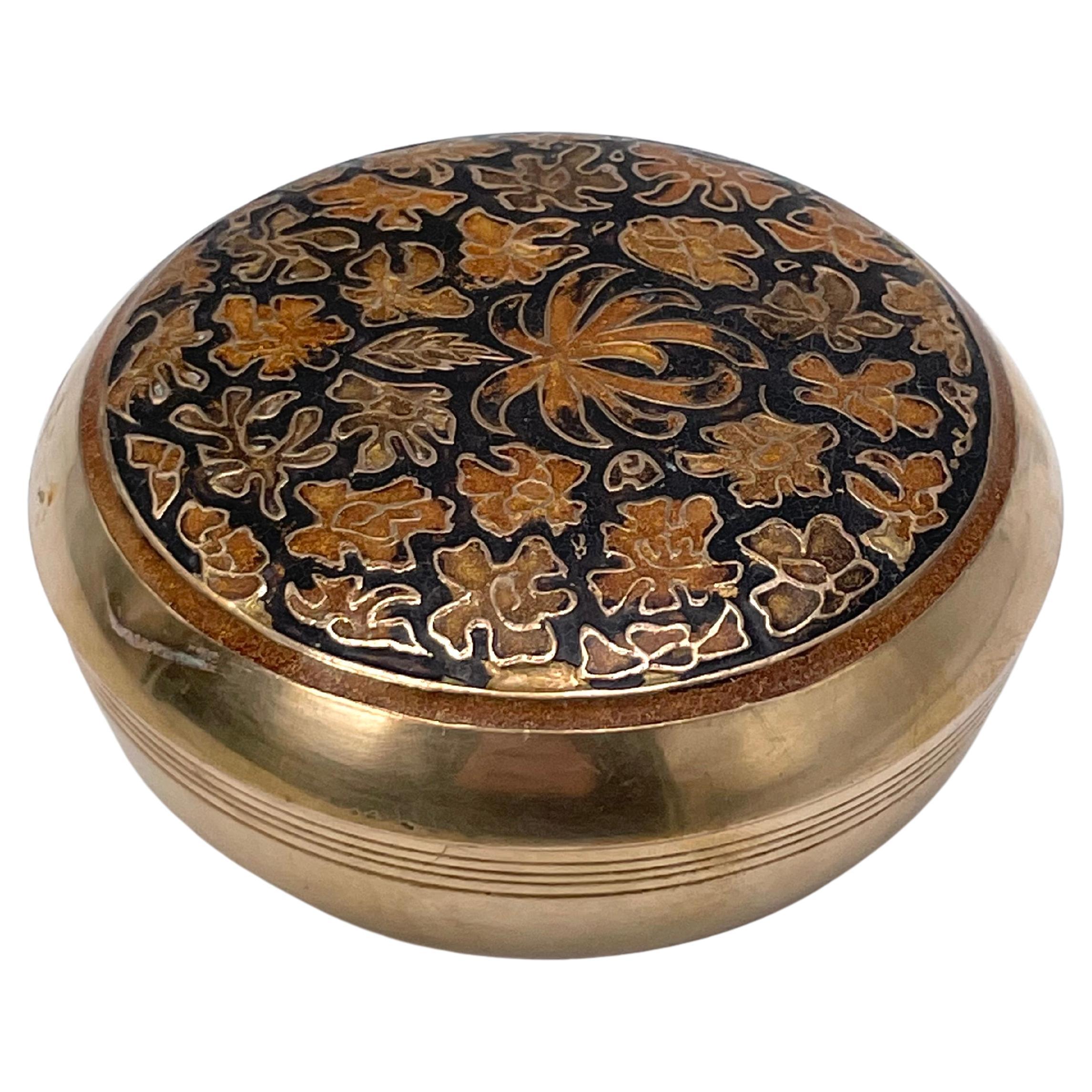 Jewerly, Decorative Brass Box, Old Patina, Pattern Flower, Gold Color France 1970 For Sale
