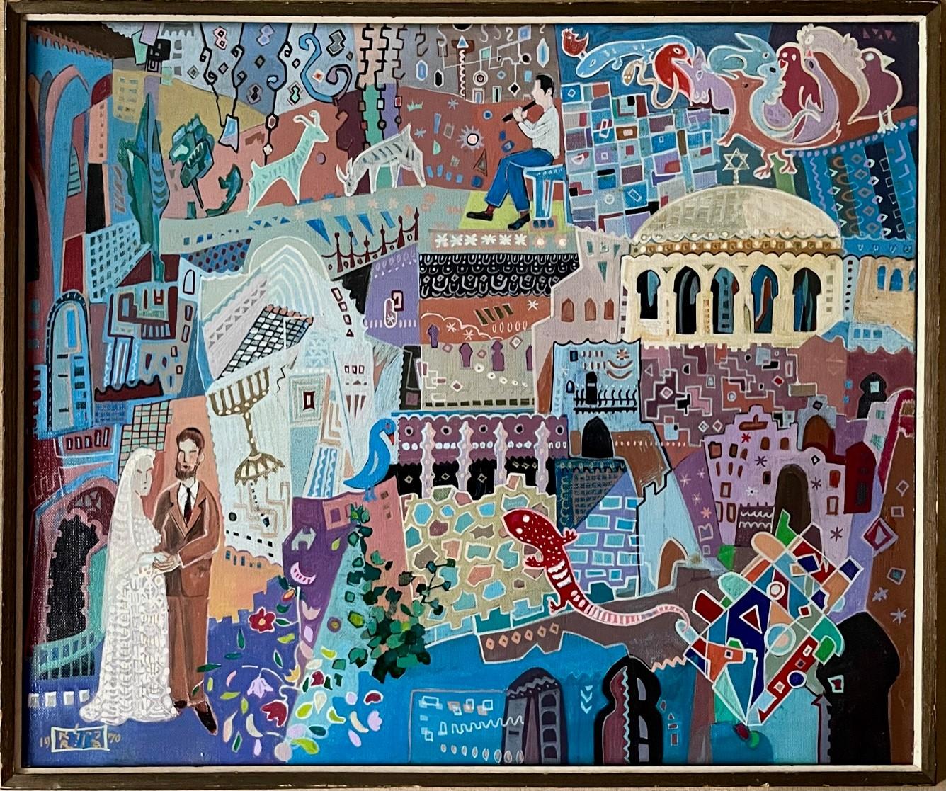 Jewish Art Acrylic Painting on Canvas, Wedding in Jerusalem Signed and Dated 1970.

Original acrylic painting on canvas depicting a Jewish wedding in Jerusalem. This is an exciting work of art, executed in a folkloristic naive style. A beautiful,