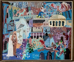 Jewish Art Acrylic Painting on Canvas, Wedding in Jerusalem Signed/Dated 1970