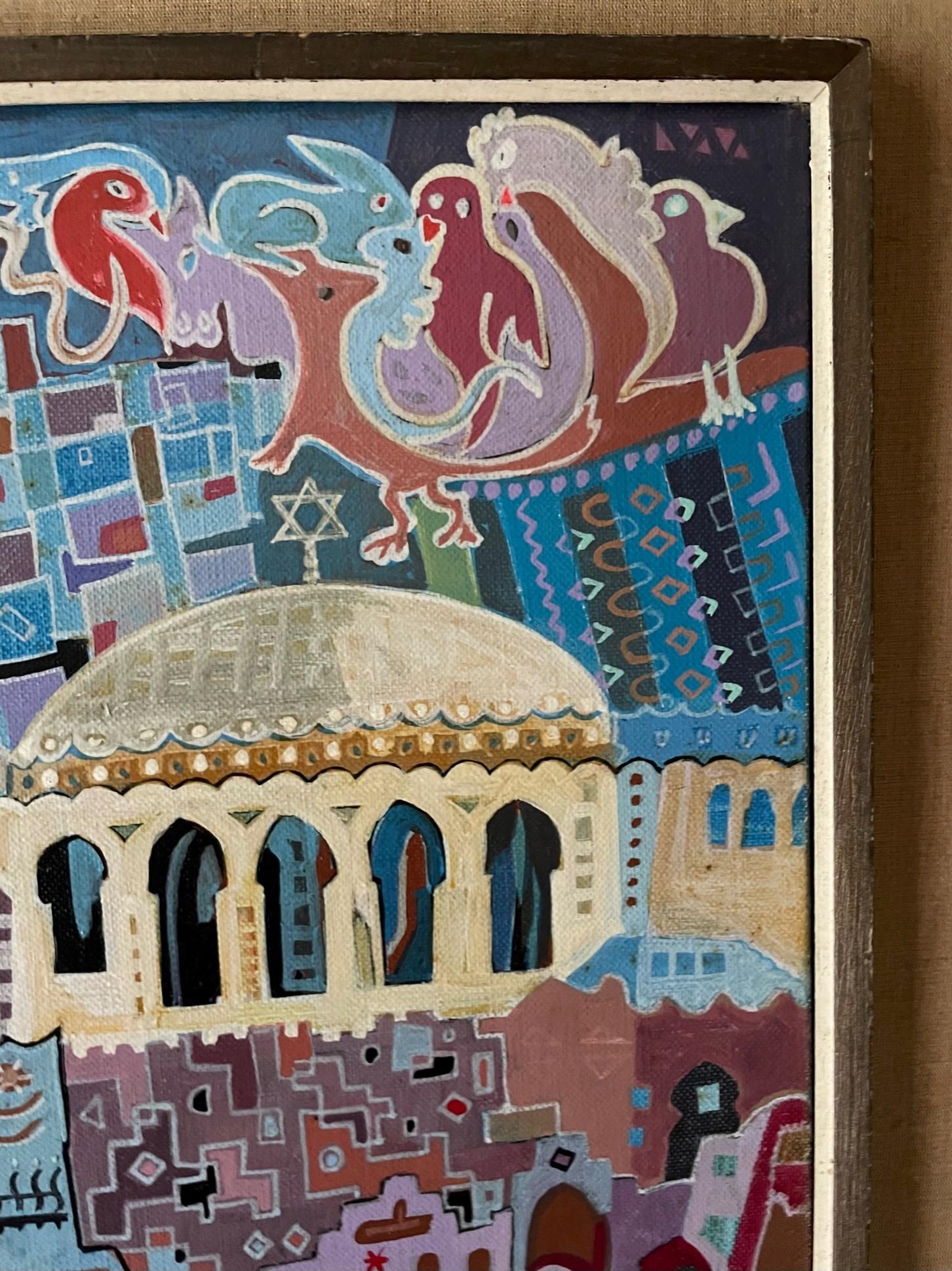 Folk Art Jewish Art Acrylic Painting on Canvas, Wedding in Jerusalem Signed/Dated 1970