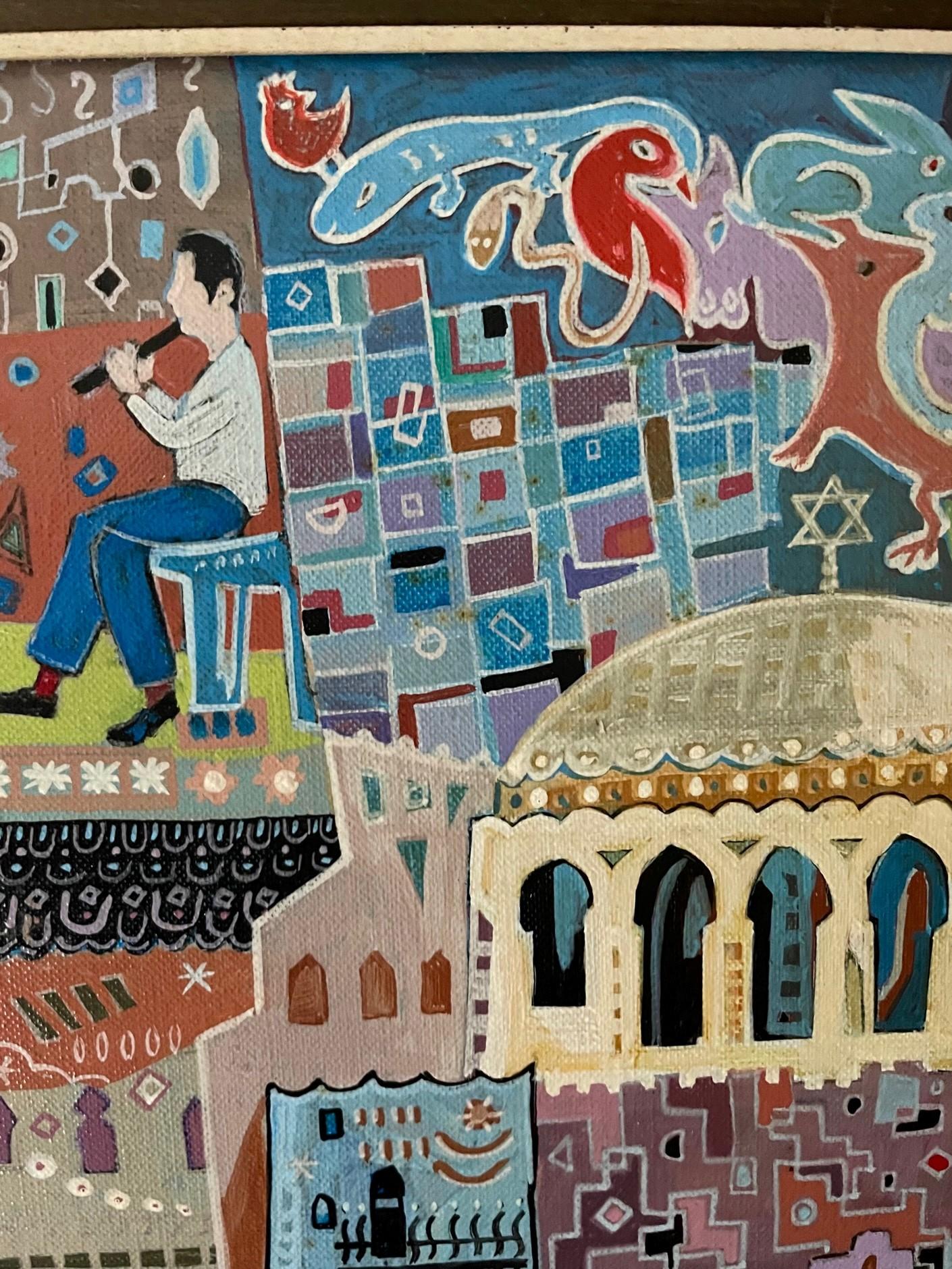 Jewish Art Acrylic Painting on Canvas, Wedding in Jerusalem Signed/Dated 1970 1
