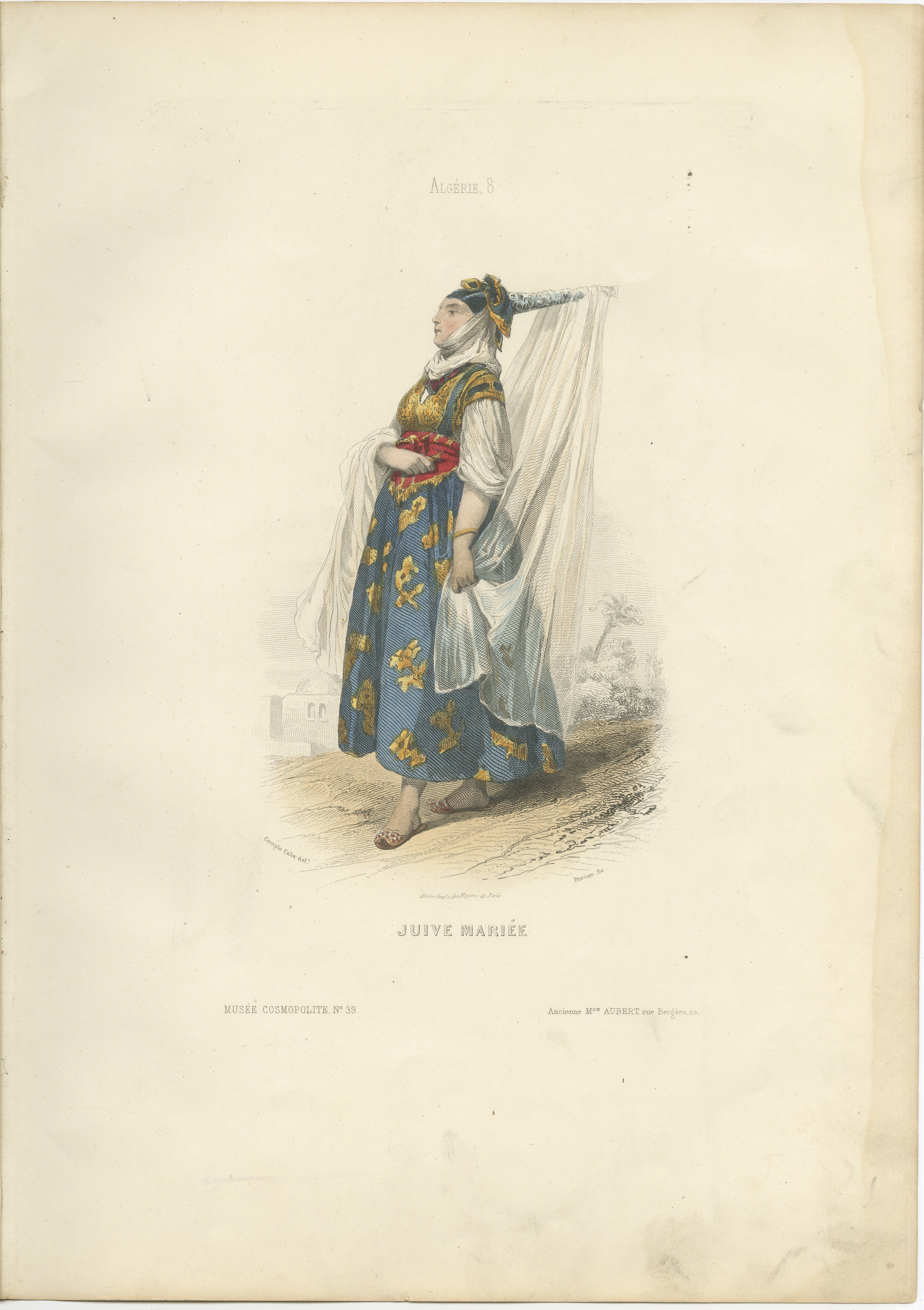 Jewish Bride Print Algeria 1853 by Compte-Calix – Hand-Colored Lithograph

This exquisite antique print depicts a Jewish bride (Juive Mariée) from Algeria, created by François Claudius Compte-Calix and published in Paris in 1853 by Chez Aubert et