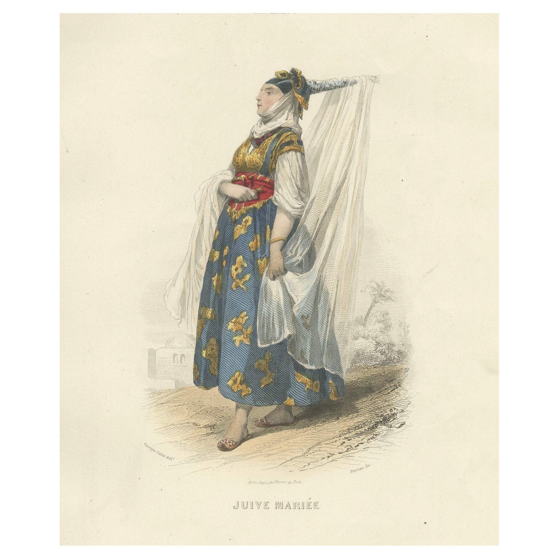 Jewish Bride Print Algeria 1853 by Compte-Calix – Hand-Colored Lithograph For Sale