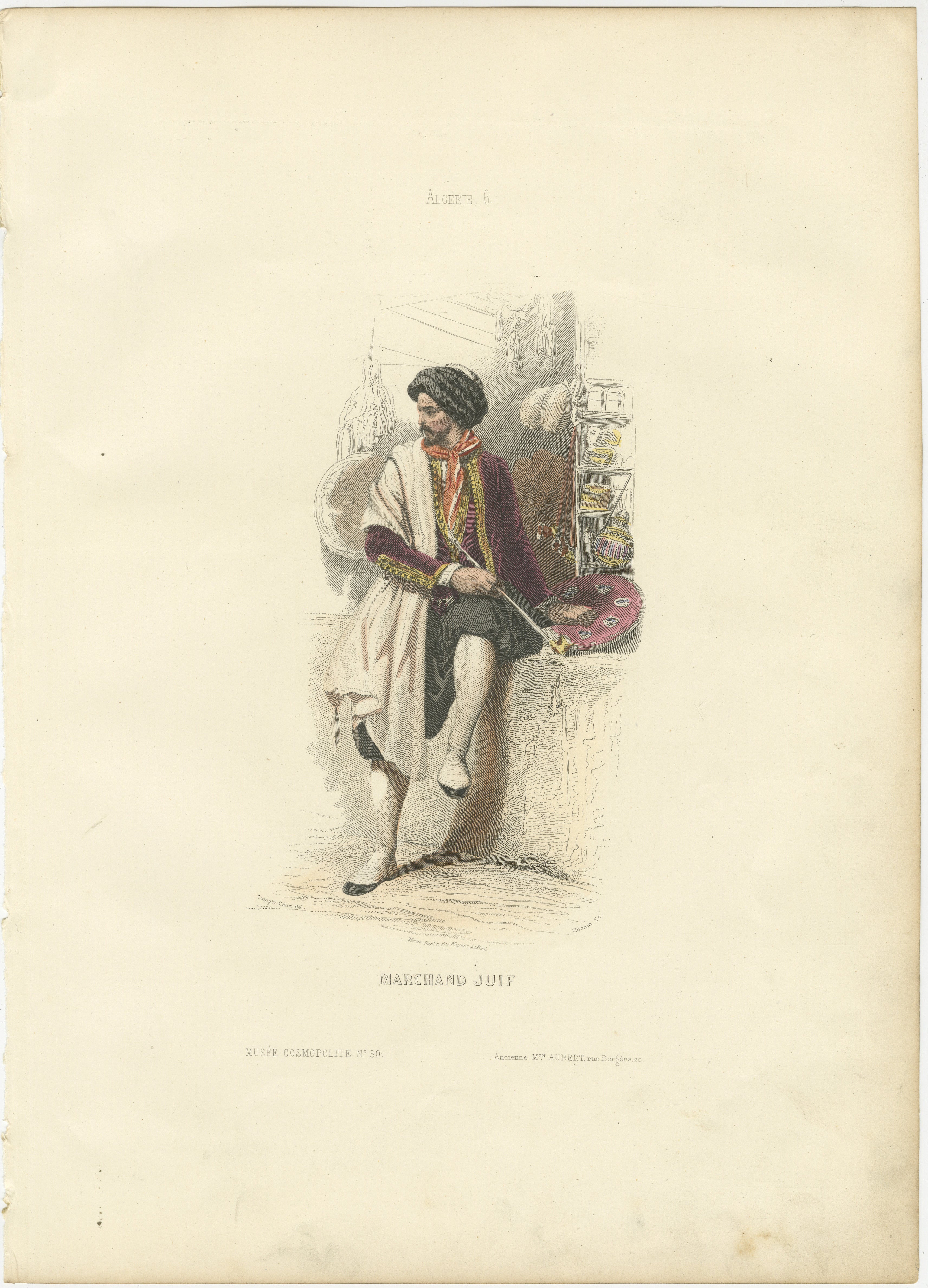 Jüdischer Kaufmannsdruck Algerien 1853 von Compte-Calix - Handkolorierte Lithographie

Dieser bedeutende antike Druck zeigt einen jüdischen Händler (Marchand Juif) in Algerien. Er wurde von François Claudius Compte-Calix geschaffen und 1853 in Paris