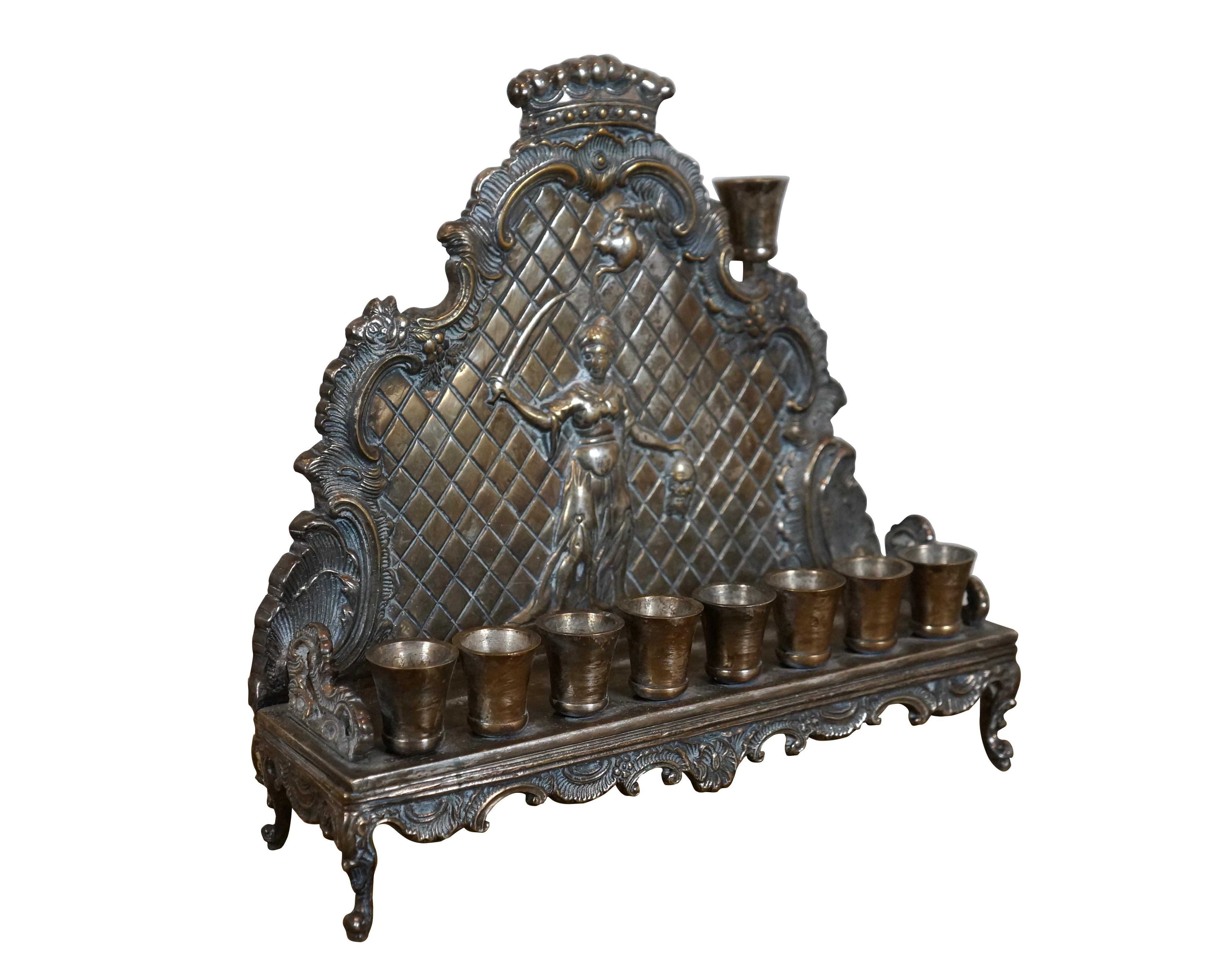 Baroque Jewish Museum Silver Plate Menorah Judith Holding Head of Holofernes Judaica For Sale