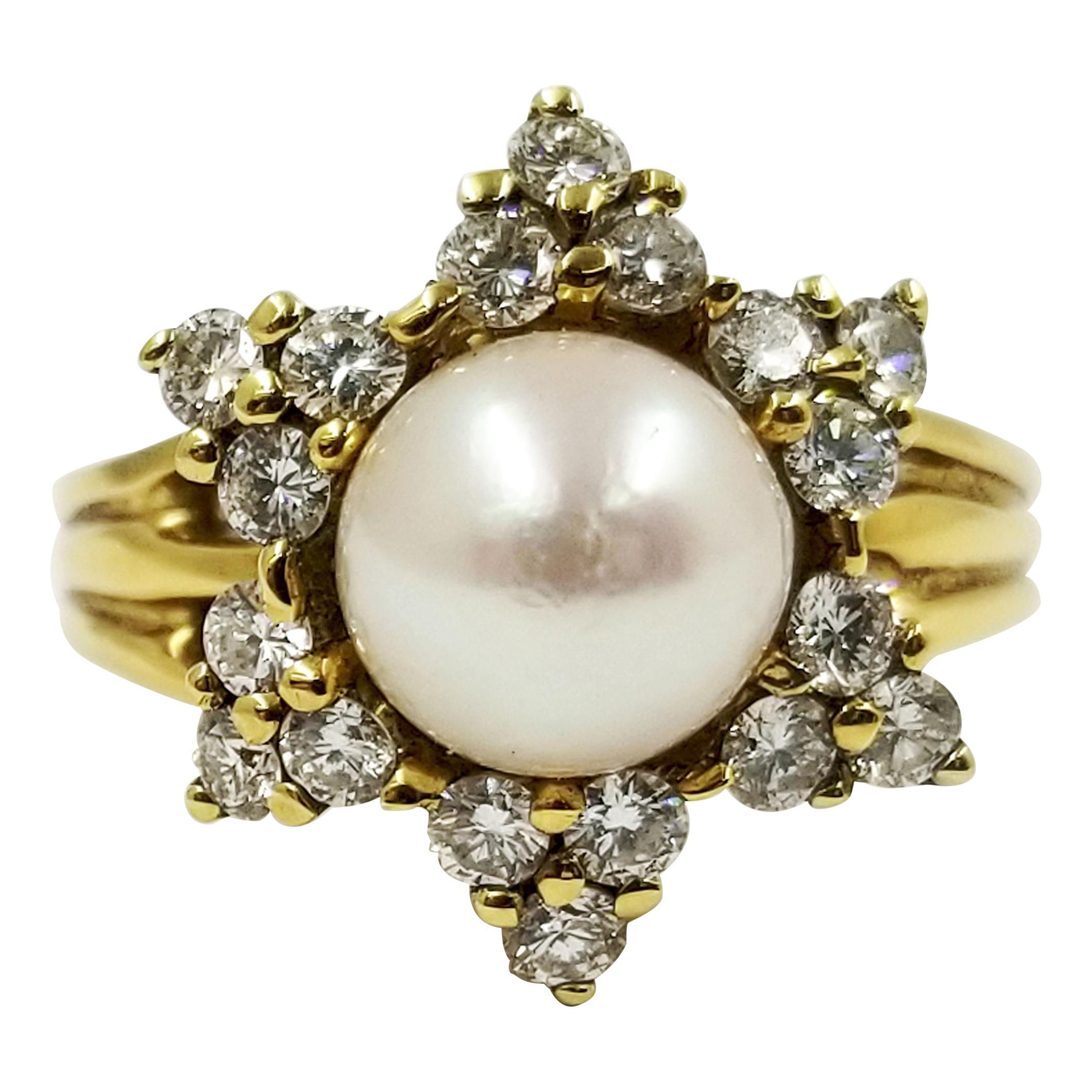 Jewish Star Diamond and Cultured Pearl Ring
