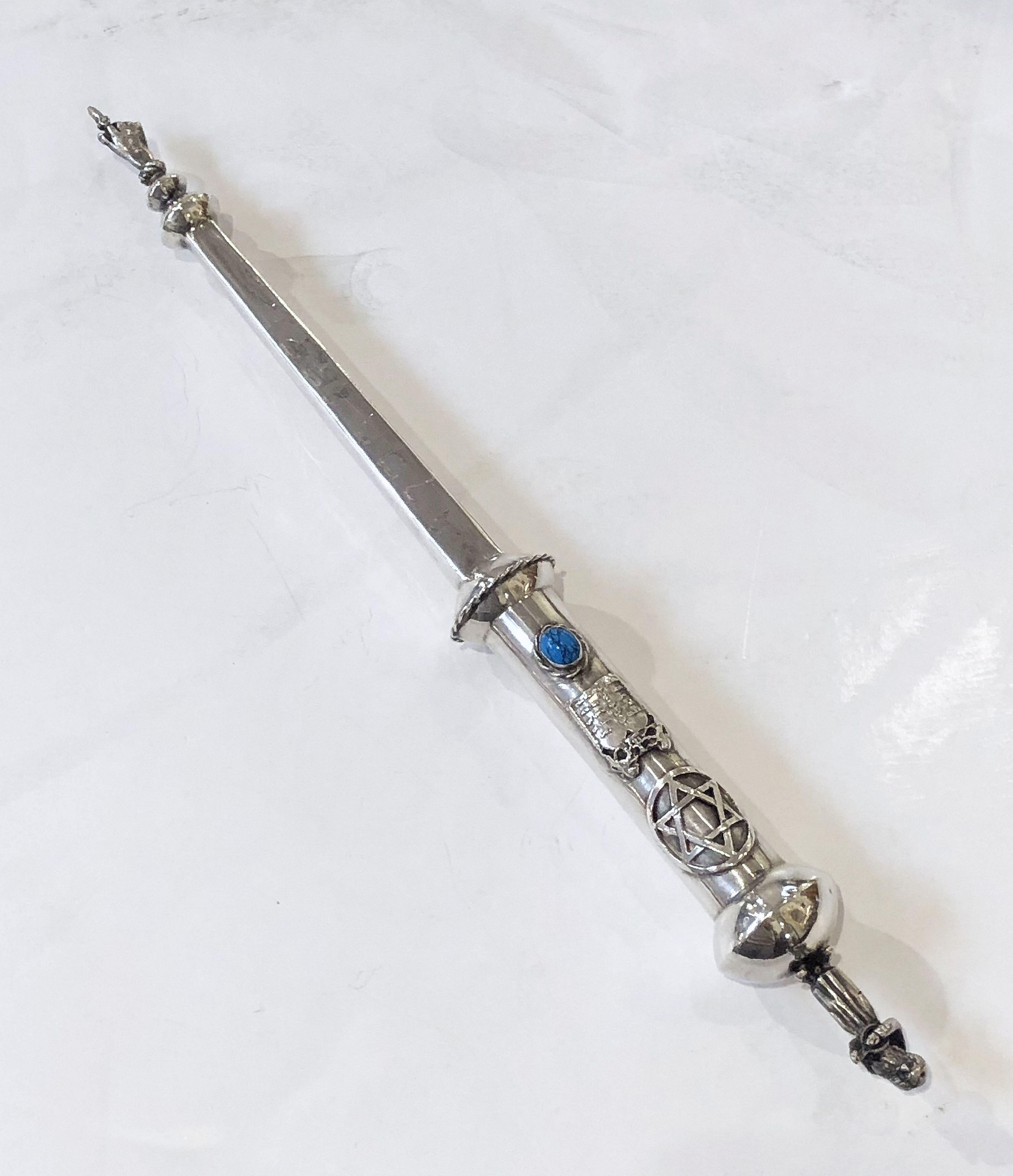 20th Century Jewish Yad or Torah Pointer of Silver with Inset Stone