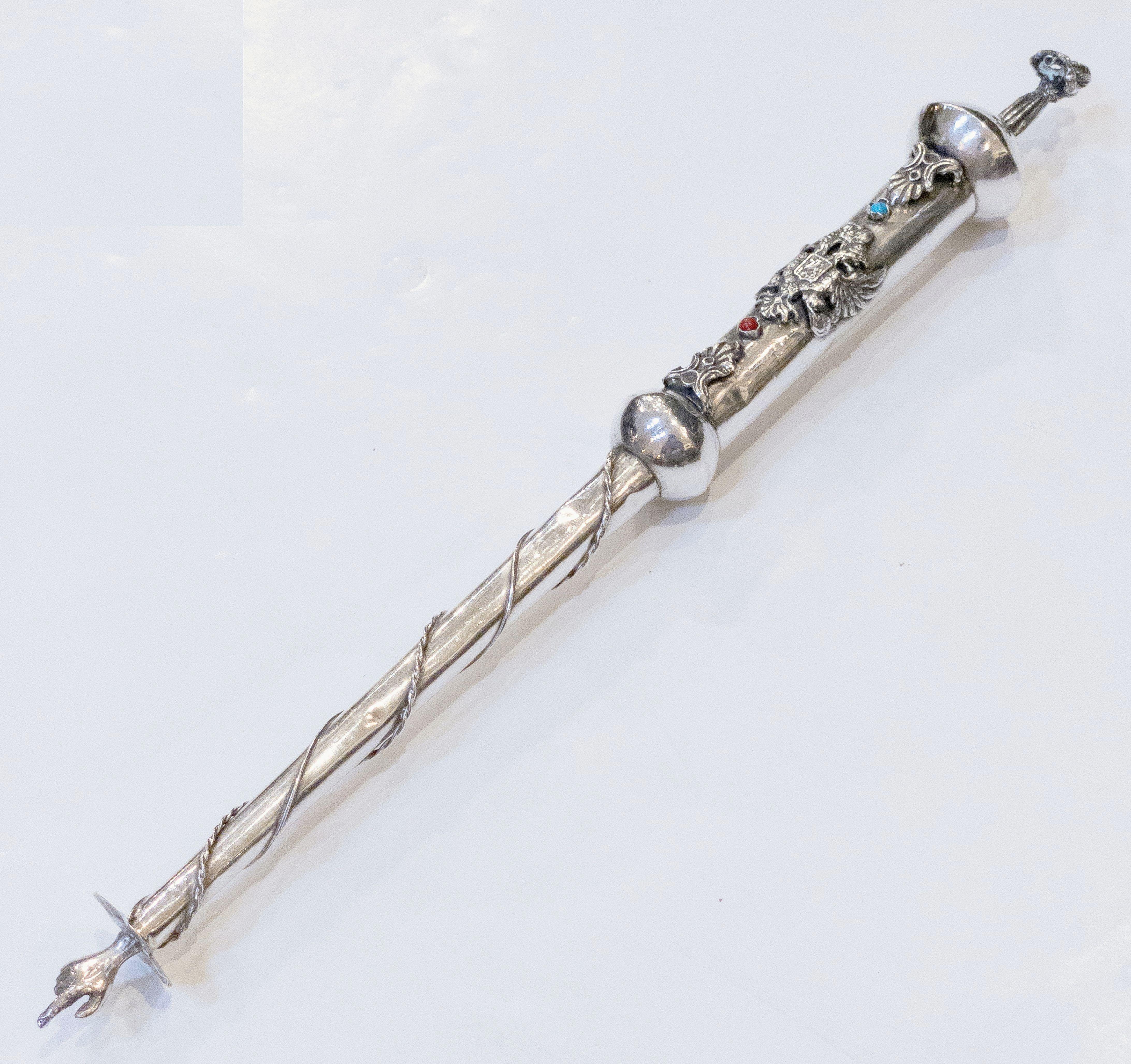 Russian Jewish Yad or Torah Pointer of Silver with Inset Stones