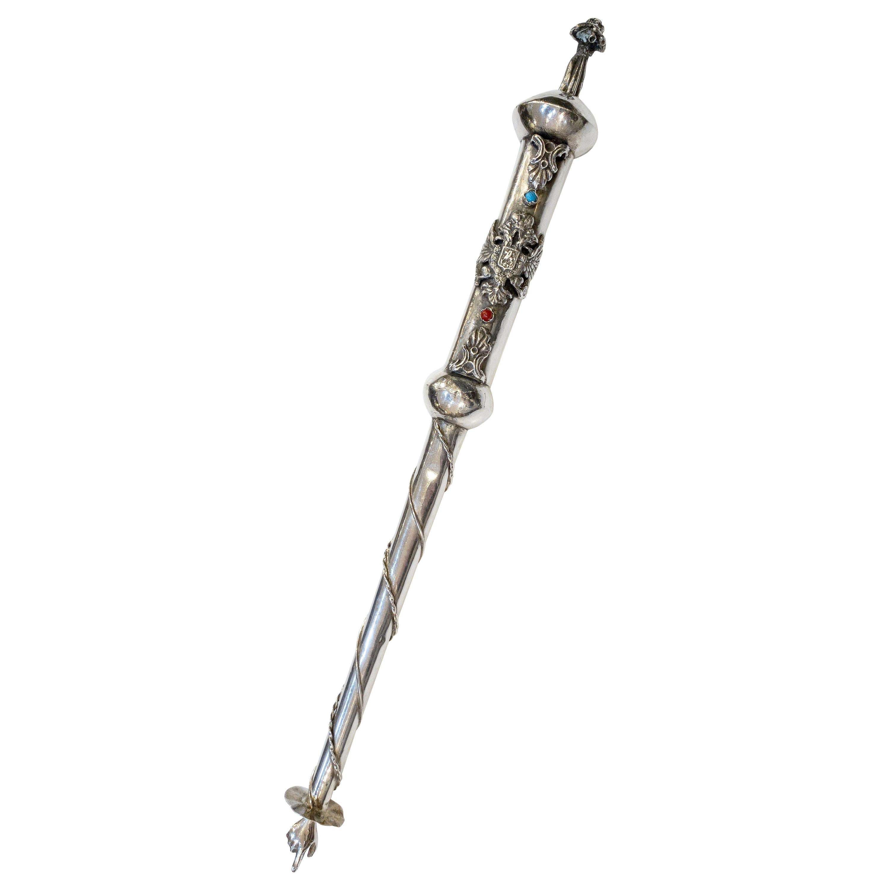 Jewish Yad or Torah Pointer of Silver with Inset Stones