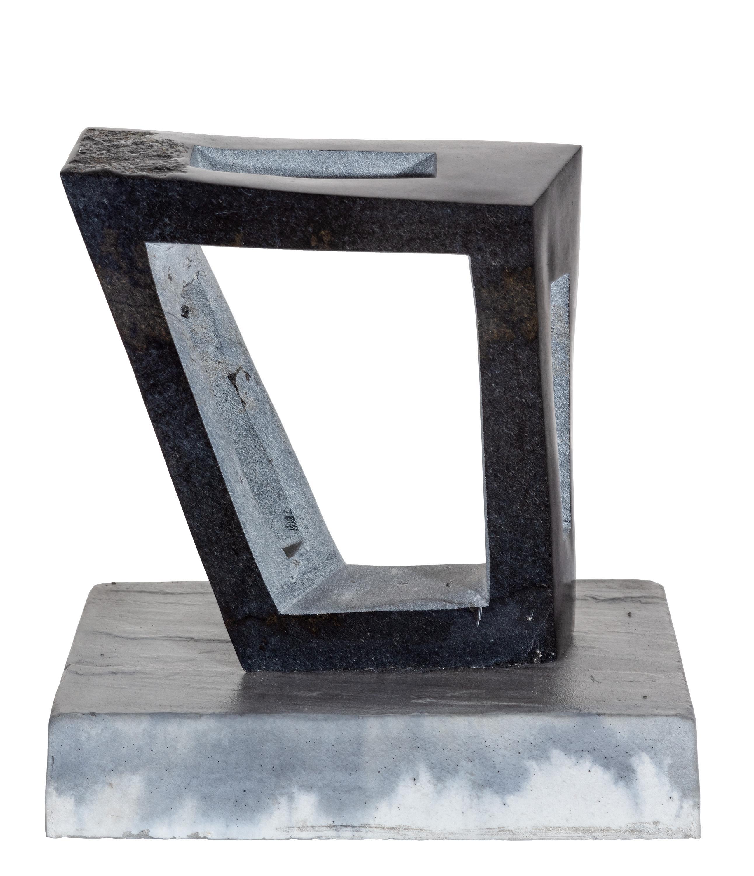 "Windows of Opportunity" is an original serpentine sculpture by Van Damn. The artist signed the piece "Vandee" on the back bottom right of the sculpture. 

Sculpture Size: 9 5/8" x 9 5/8" x 3 1/2"
Base Size: 2 1/2" x 11 5/8" x 8 3/4"
Overall Size:
