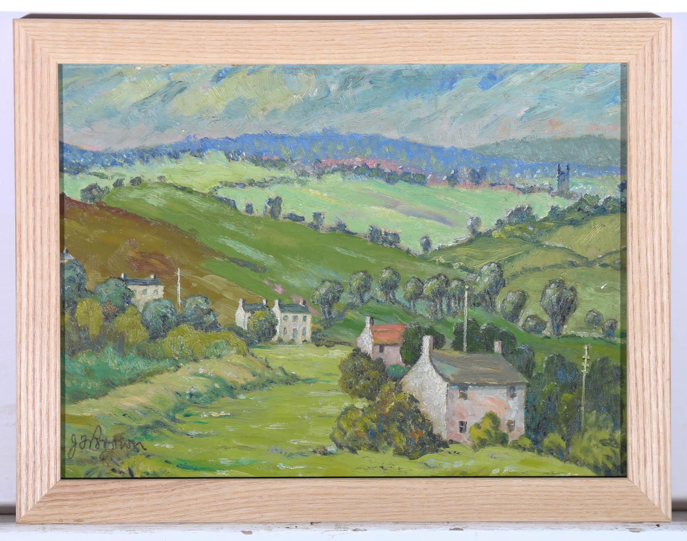 A delightful little oil study of an idyllic hamlet, possibly in the Lake District, England. Well presented in a contemporary wood frame. Signed in graphite. On board. 
