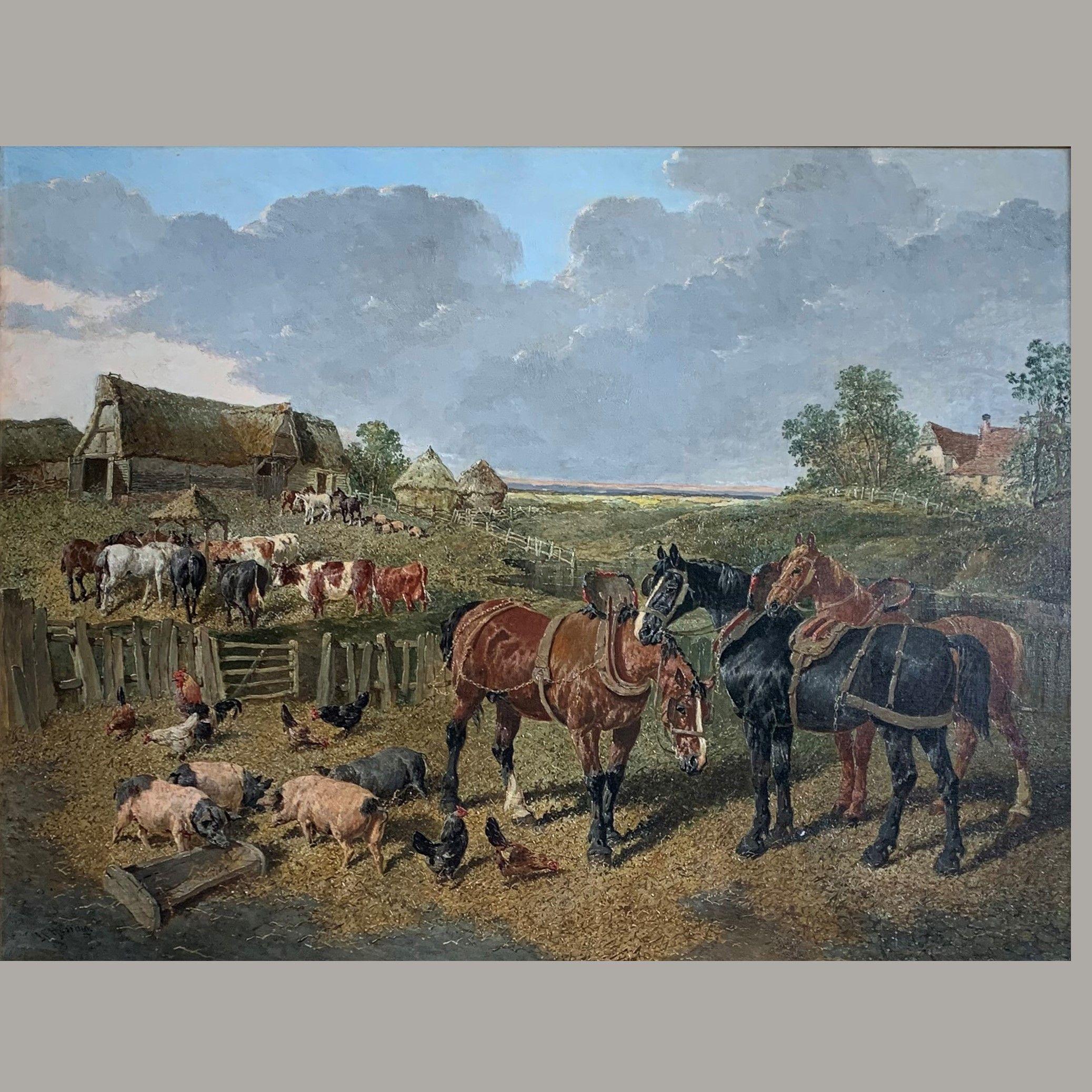 An extremely fine and large scale oil on canvas farmyard scene by John Frederick Herring Jnr. Canvas size, 36 x 27.5 inches

Provenance: Private collection, Kent. By repute, purchased by the family directly from Herring's studio. Originally