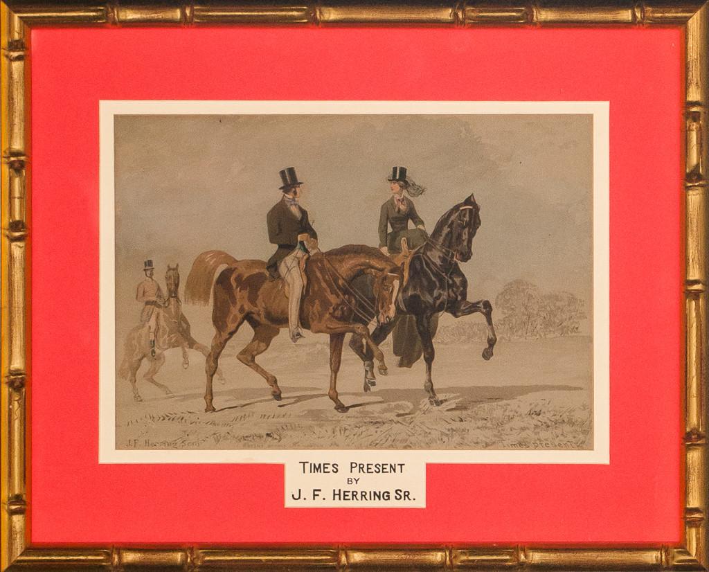 Classic equestrian scene Times Present by J.F. Herring, Sr. (1795-1865) depicting three stylish riders in the park

Image Sz: 8 3/4"H x 11"W

Frame Sz: 13"H x 16"H