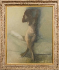“The Cottage” Mysterious Pastel Green Toned Female Nude Painting