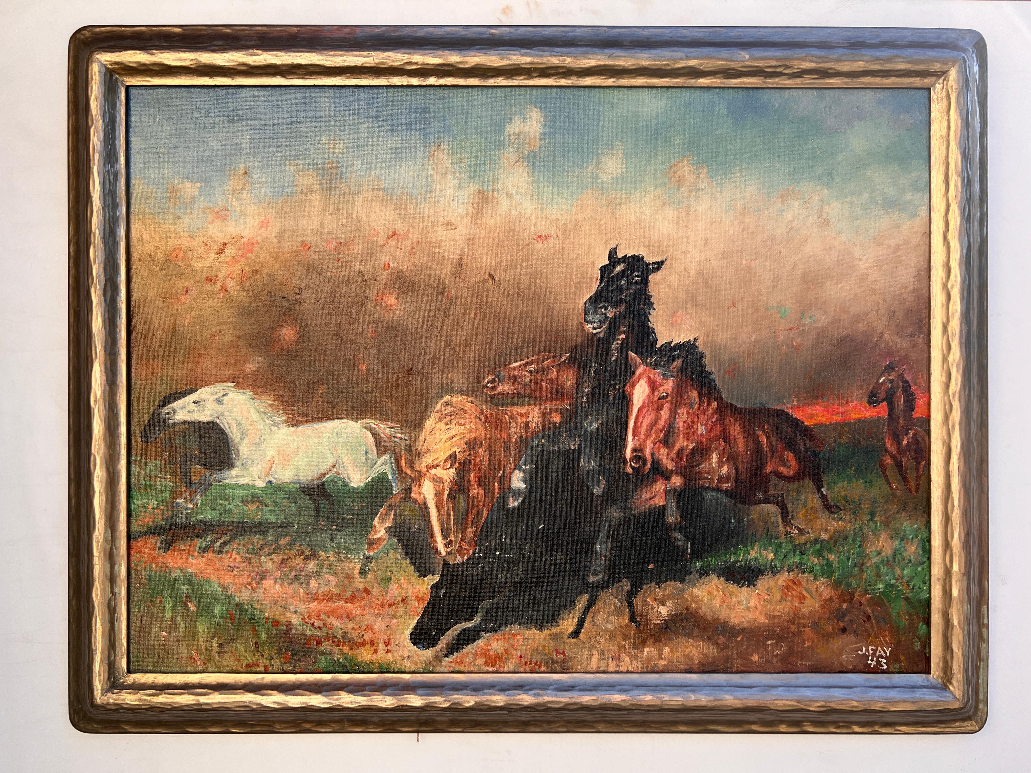 J.FAY 1943 Vintage Original-Ölgemälde auf Leinwand, Herd von Wildpferden, gerahmt – Painting von J.Fay