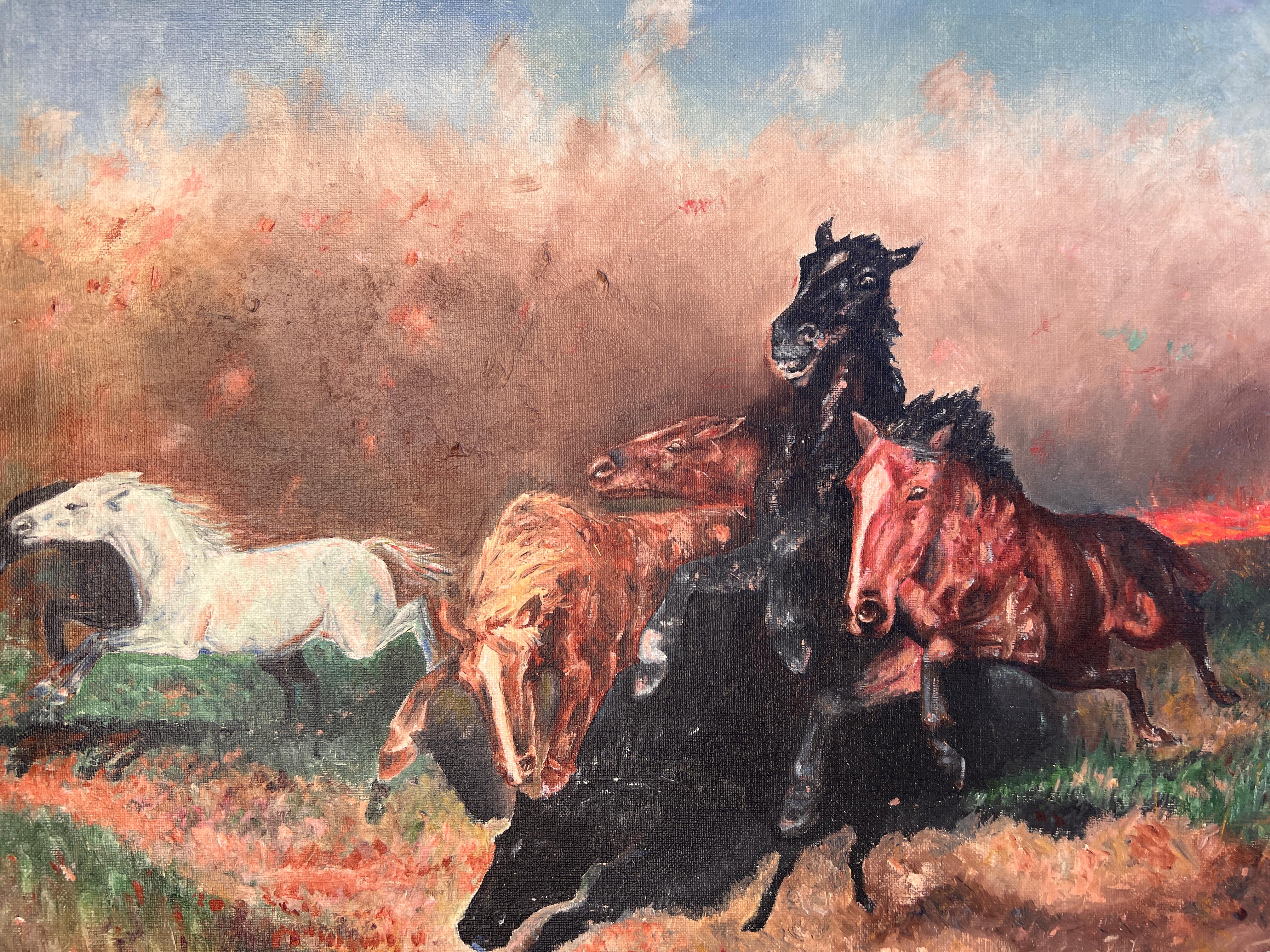 J.FAY 1943 Vintage Original-Ölgemälde auf Leinwand, Herd von Wildpferden, gerahmt (Impressionismus), Painting, von J.Fay