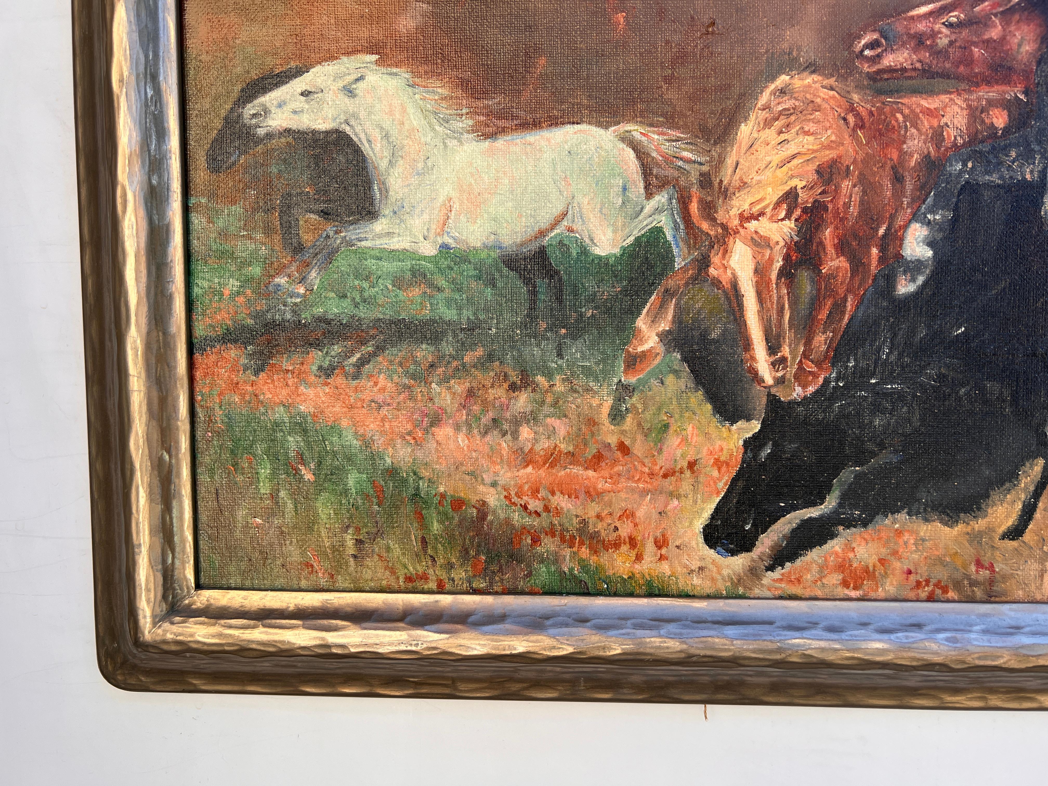Up for sale is an impressive vintage oil painting on canvas depicting a herd of wild horses.

Signed  and dated in the lower-right corner J.FAY '43

Nicely framed. 

Good vintage condition.

Dimensions: 27.5