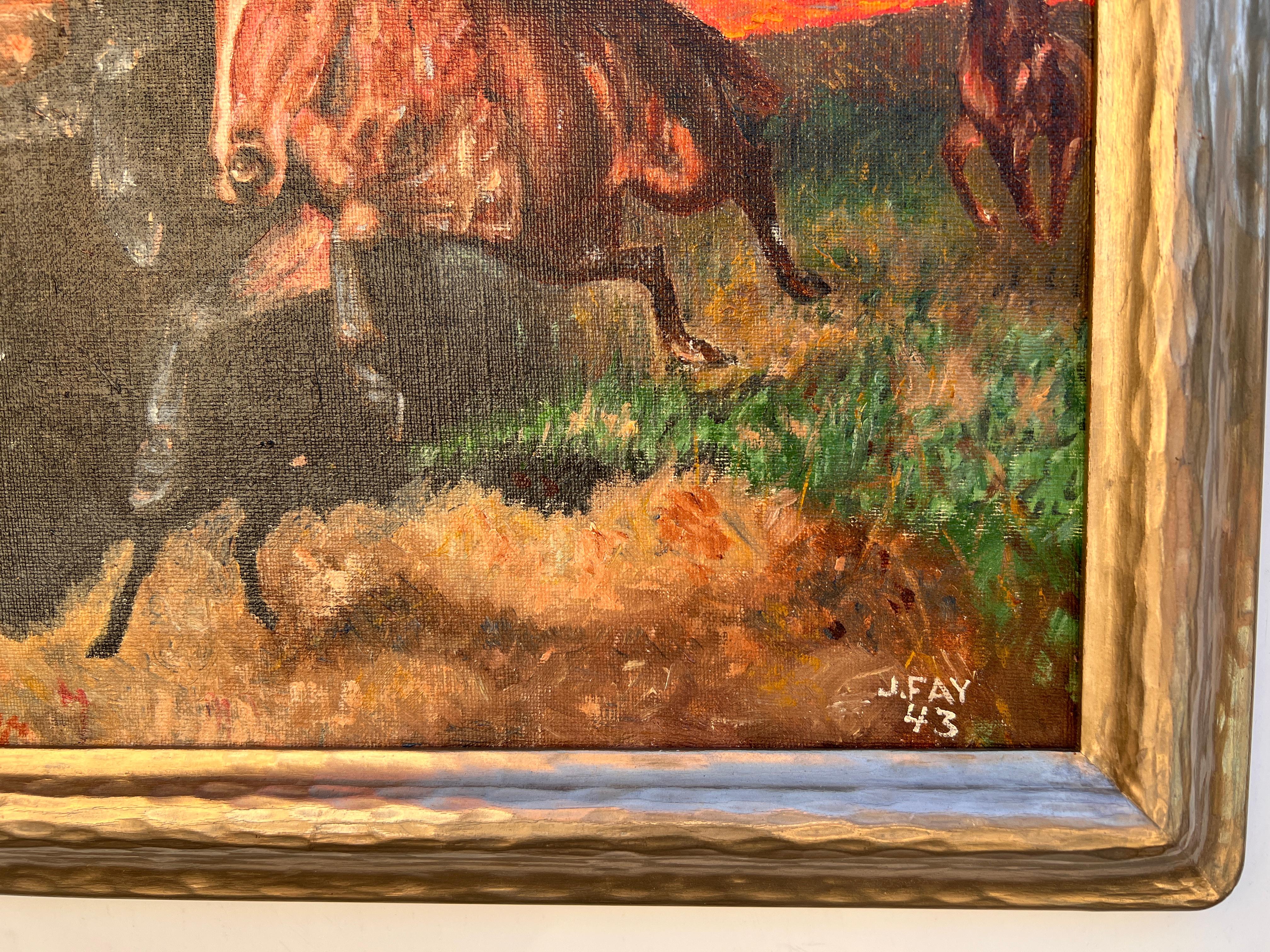 J.FAY 1943 Vintage Original Oil Painting on canvas, Herd of Wild Horses, framed For Sale 3