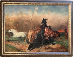 J.FAY 1943, peinture à l'huile originale sur toile, troupeau de chevaux sauvages, encadrée