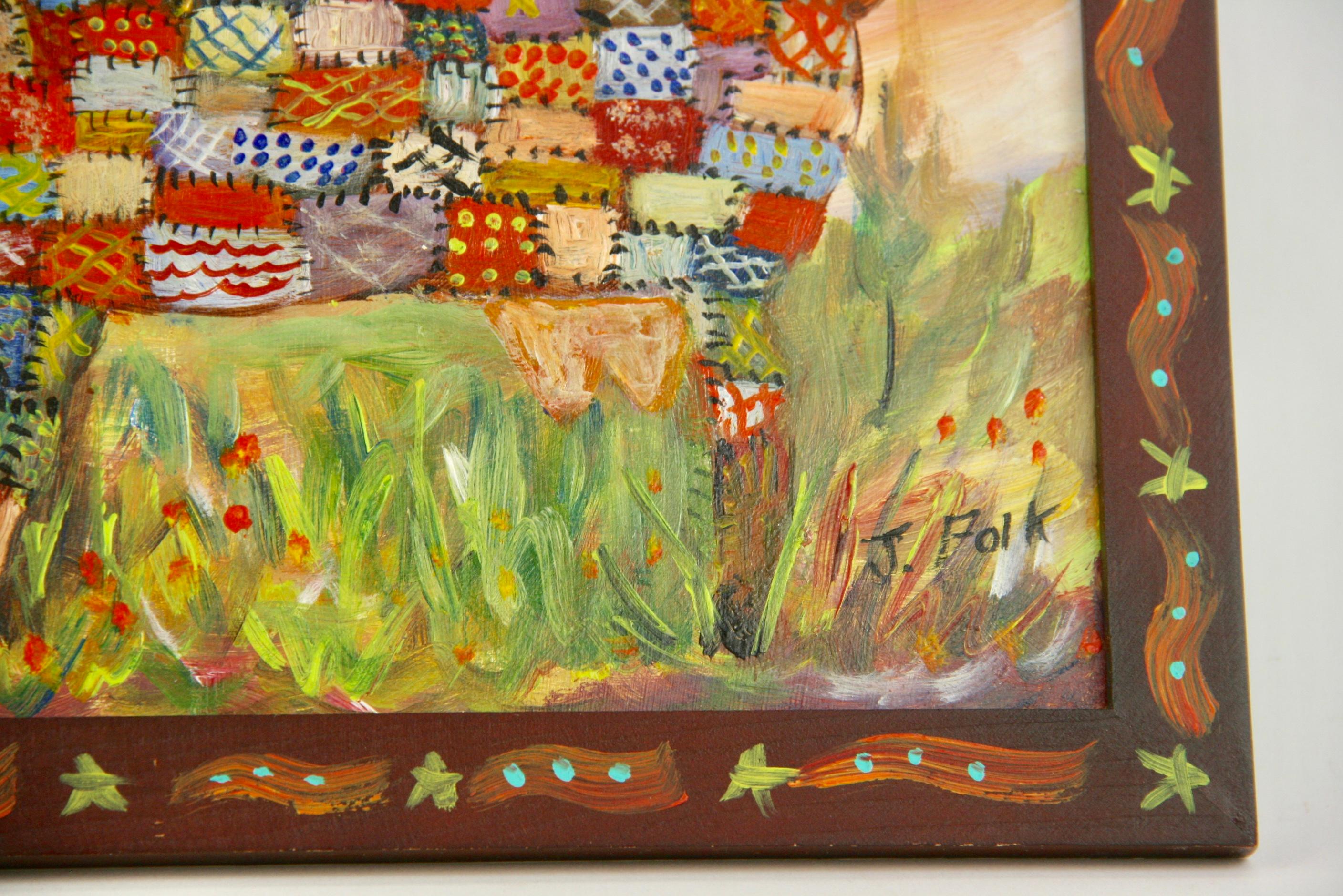 Naive  oil on board with painted wood frame 
Image size 7.50 H x 9.5 W