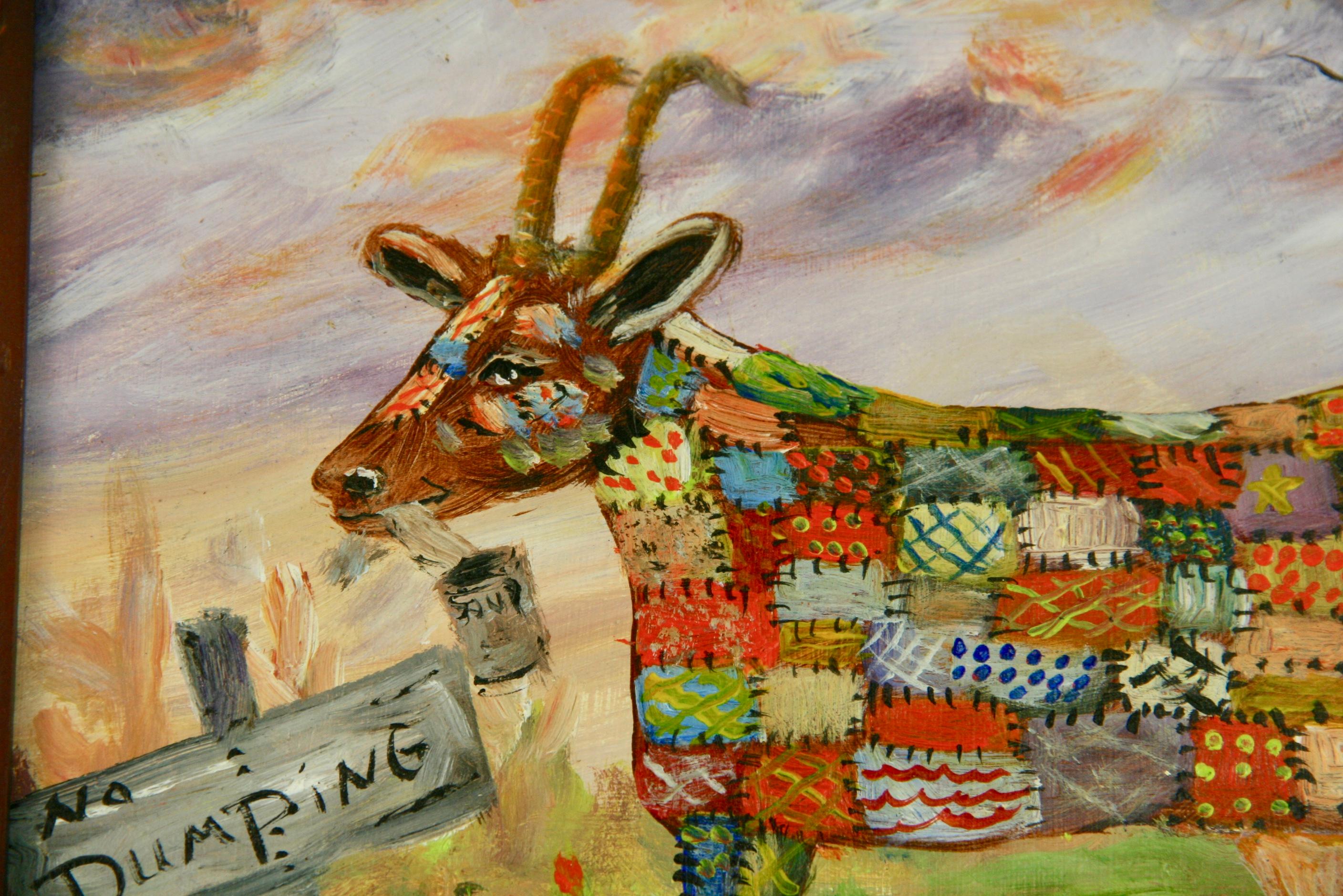 Vintage Naive oil Painting of a Patchwork Goat 