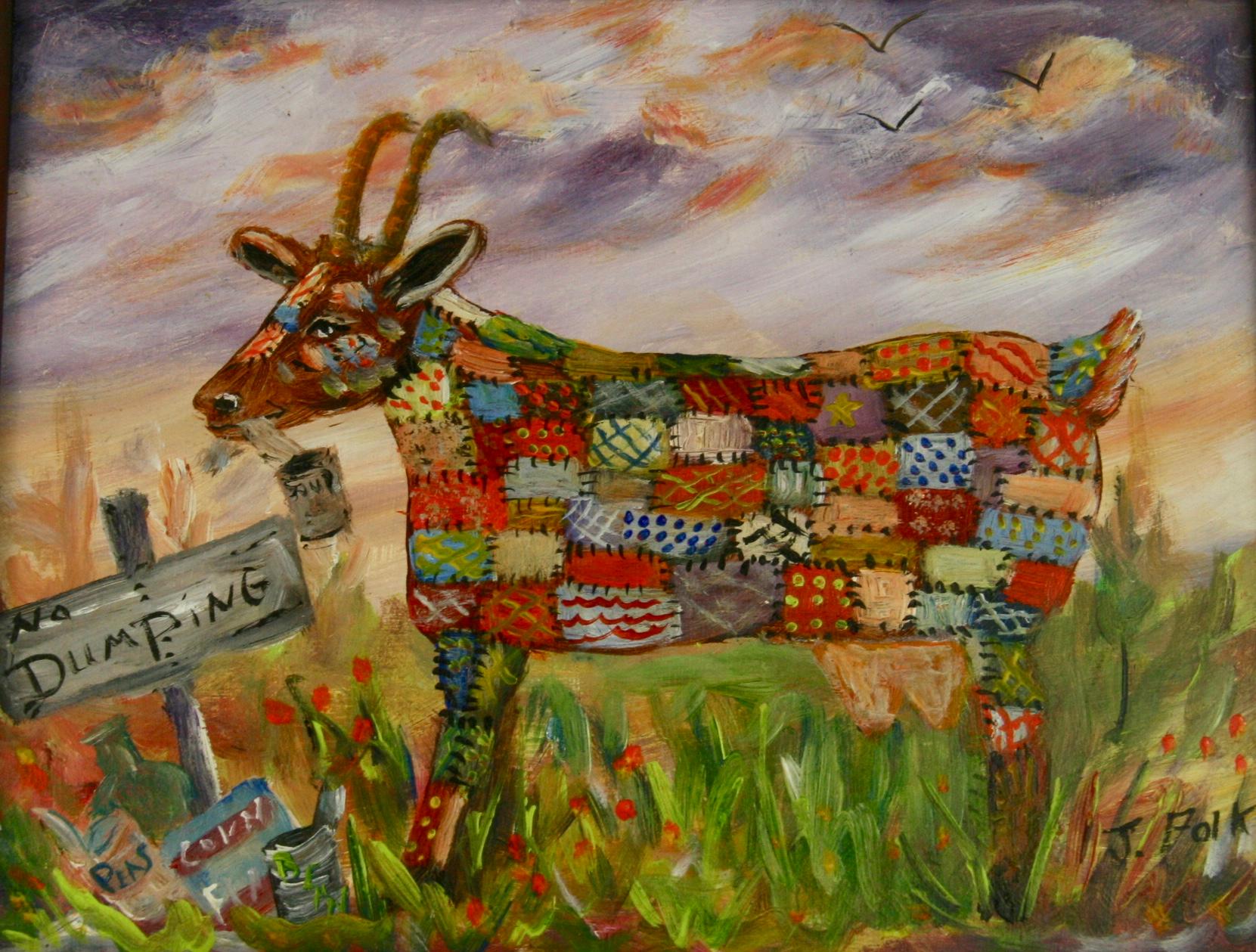Vintage Naive oil Painting of a Patchwork Goat 