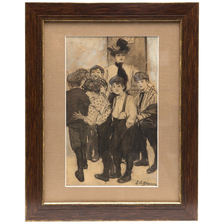 J.G. Brown Signed Charcoal and Ink Drawing, circa 1900 For Sale at 1stDibs