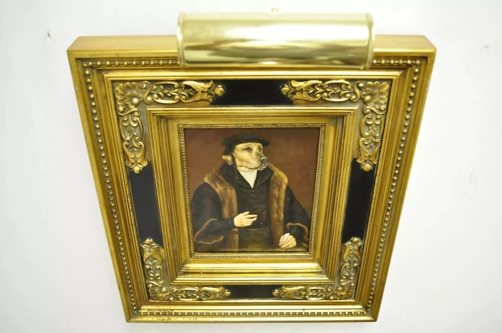 JG Clonney Oil on Board Framed Royal Dog Golden Lab Anthropomorphism Painting For Sale 4