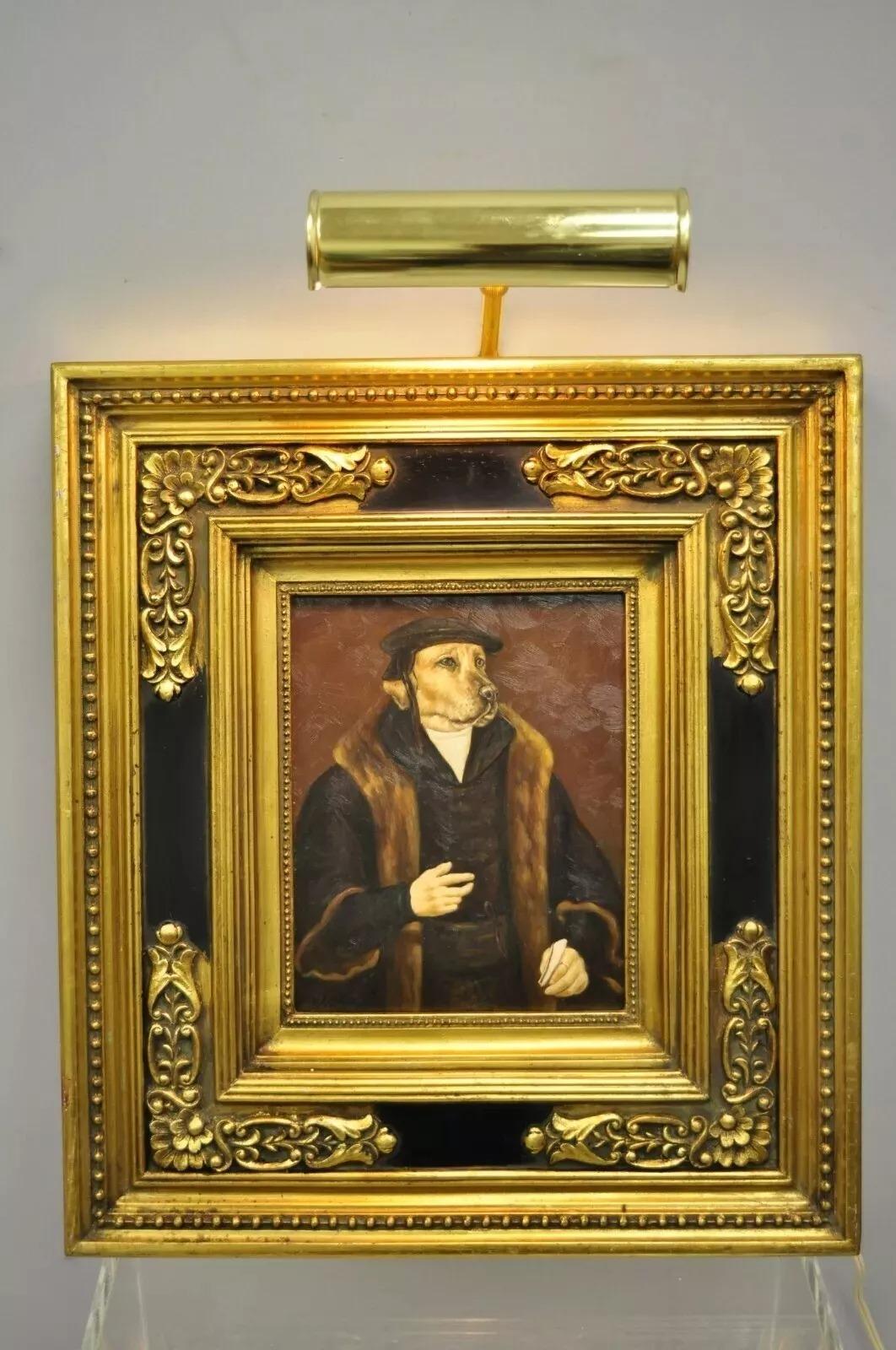 JG Clonney Oil on Board Framed Royal Dog Golden Lab Anthropomorphism Painting. Item features oil paint on panel, gold finish, wood frame, signed on lower corner, brass mounted light, very nice item, reproduction work by British school artist active