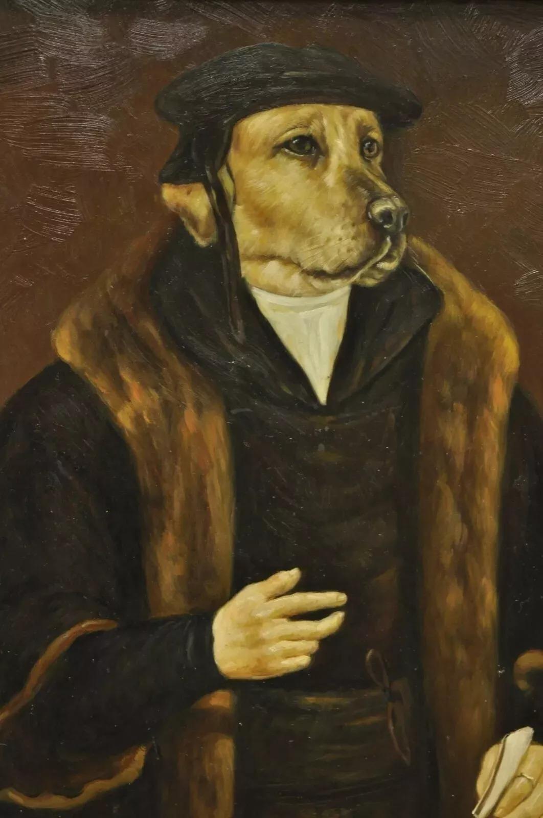 Modern JG Clonney Oil on Board Framed Royal Dog Golden Lab Anthropomorphism Painting For Sale