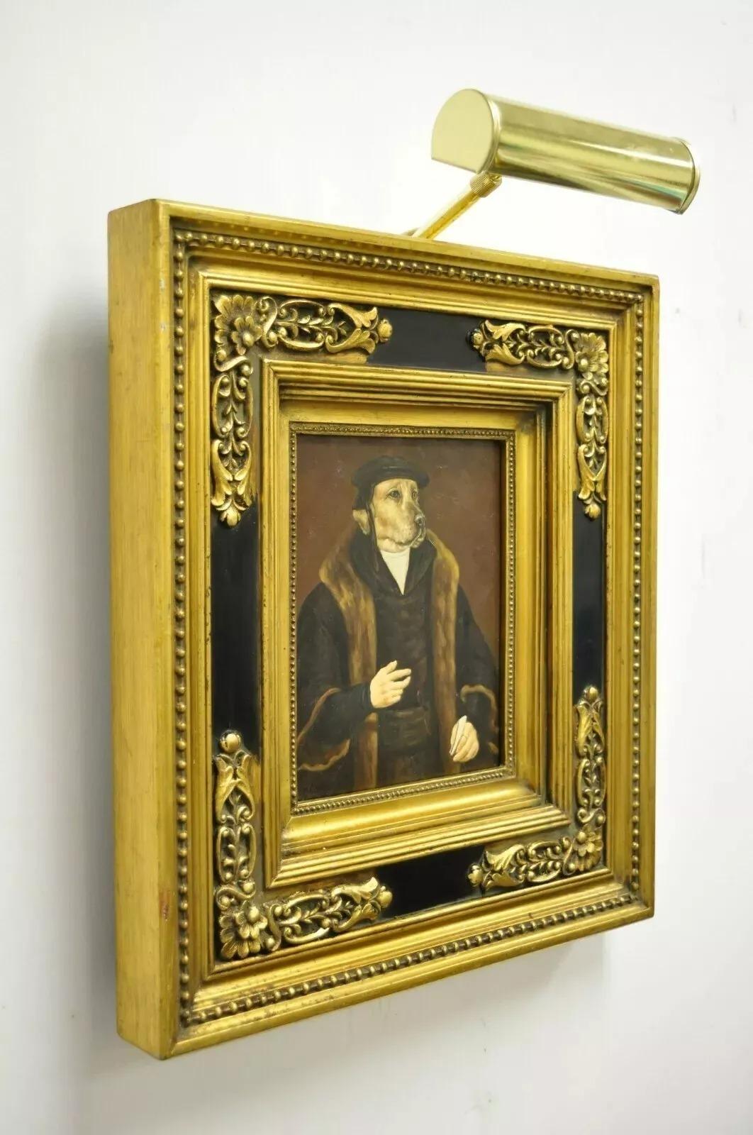 20th Century JG Clonney Oil on Board Framed Royal Dog Golden Lab Anthropomorphism Painting For Sale