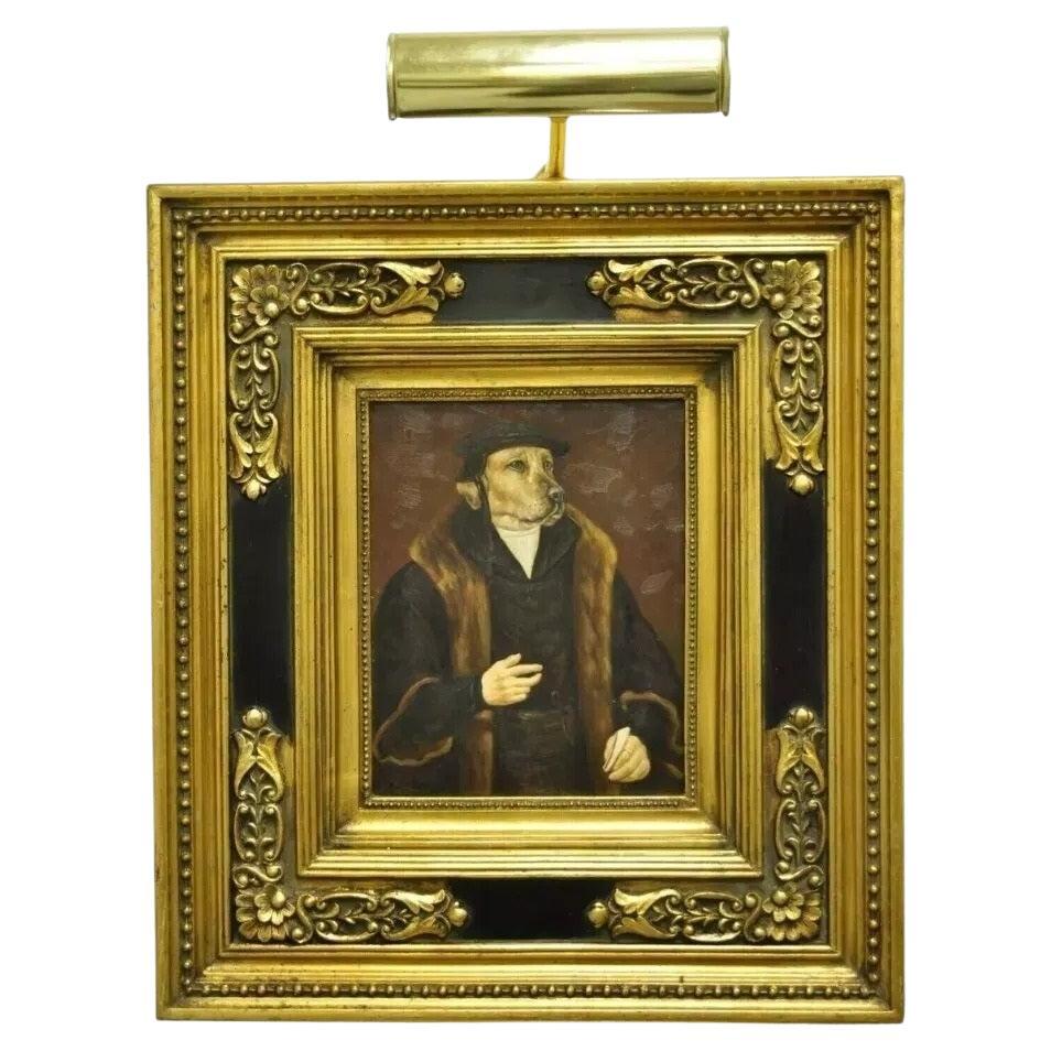 JG Clonney Oil on Board Framed Royal Dog Golden Lab Anthropomorphism Painting For Sale