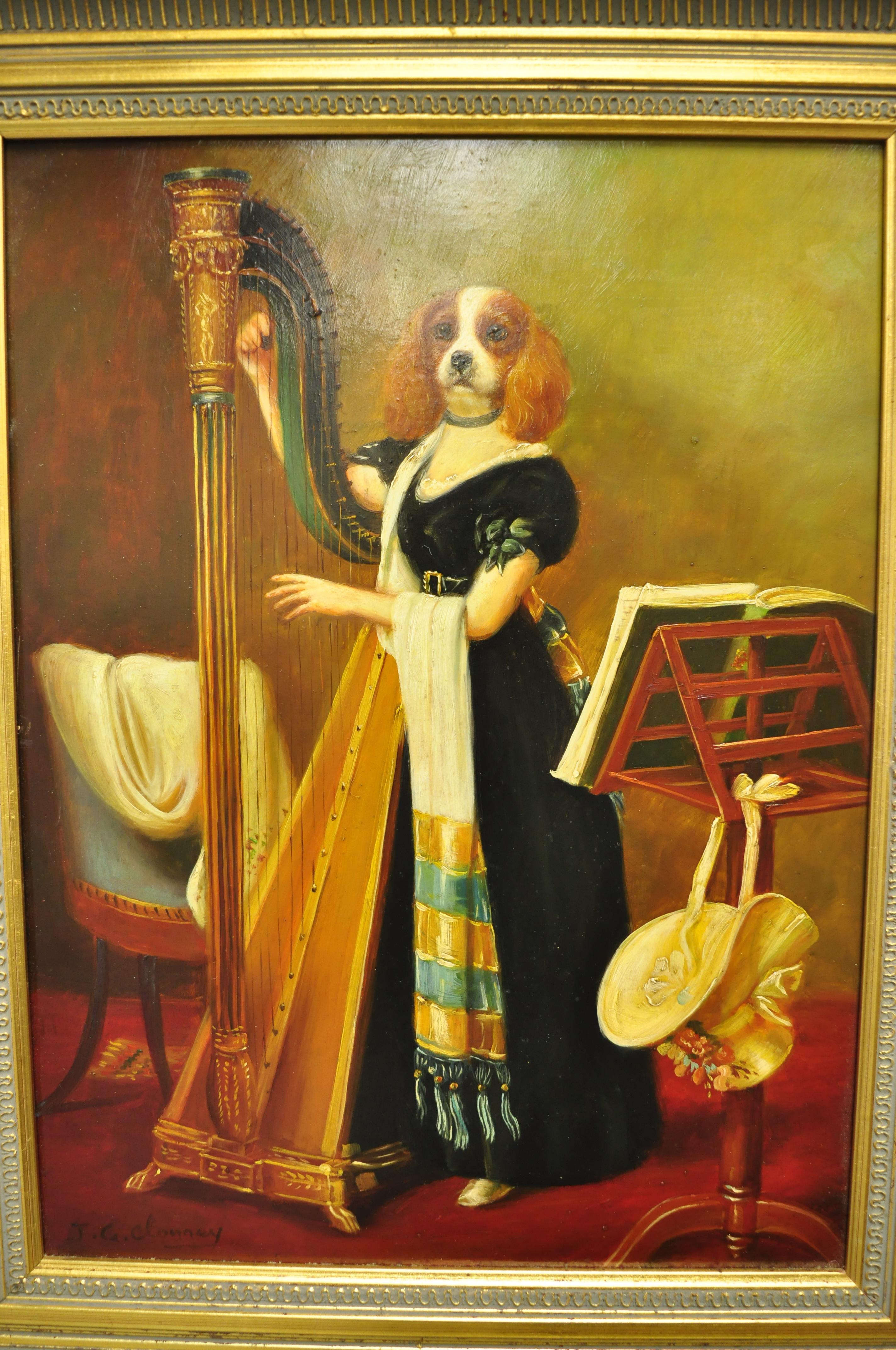 Classique américain J.G. Peinture à l'huile sur panneau, portrait d'un chien royal et d'un épagneul, signée Clonney, cadre doré en vente