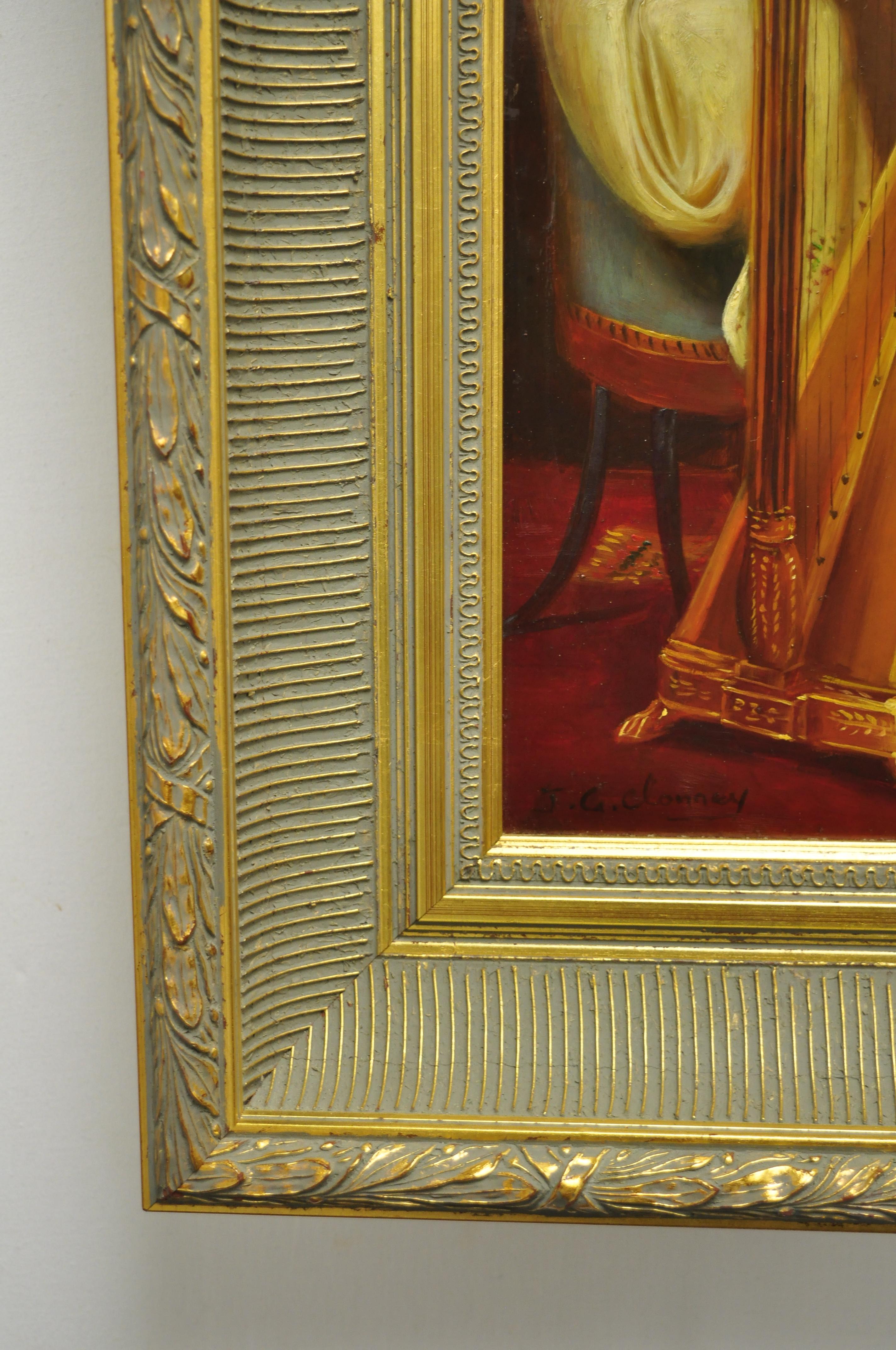 Bois J.G. Peinture à l'huile sur panneau, portrait d'un chien royal et d'un épagneul, signée Clonney, cadre doré en vente