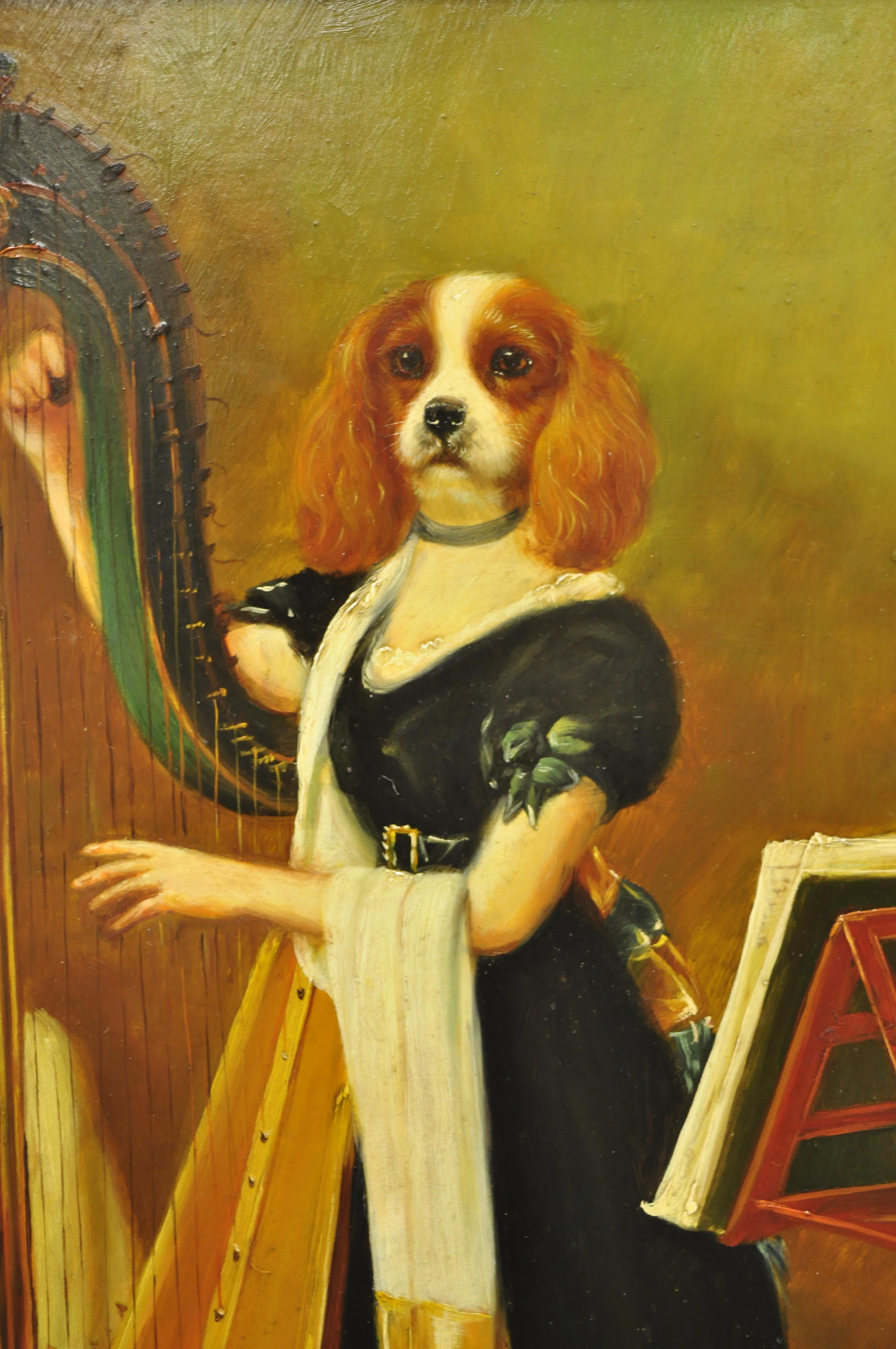 J.G. Peinture à l'huile sur panneau, portrait d'un chien royal et d'un épagneul, signée Clonney, cadre doré en vente 1