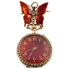 JG Lady Racine 14 Karat Yellow Gold Pocket Watch with Enamel Guilloche Dial