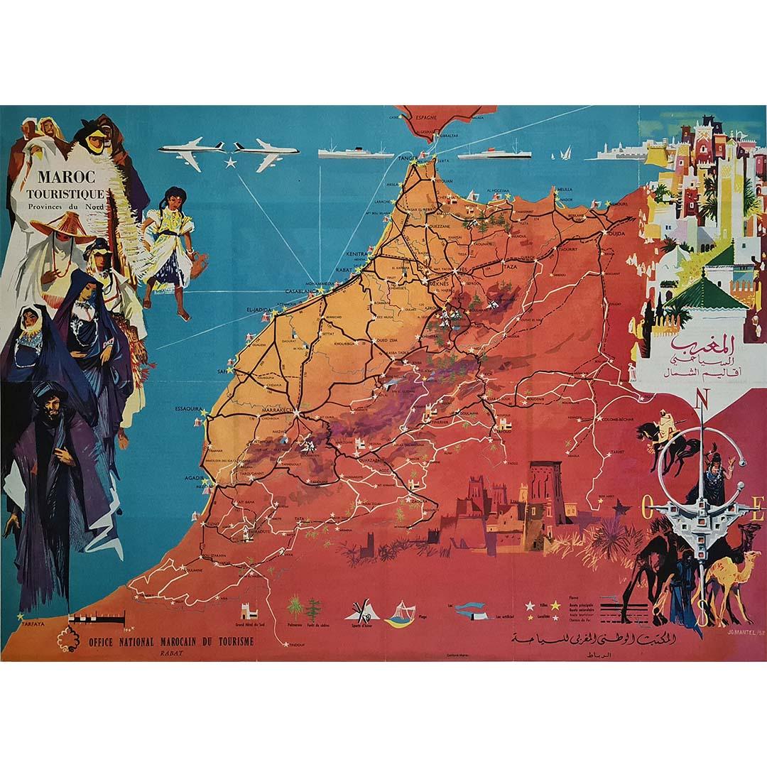 This original 1958 "Maroc Touristique – Provinces du Nord" illustrated document by J.G. Mantel, is a vibrant celebration of Morocco's landscapes, heritage and growing tourism industry during the late 1950s. Published by the Office National Marocain