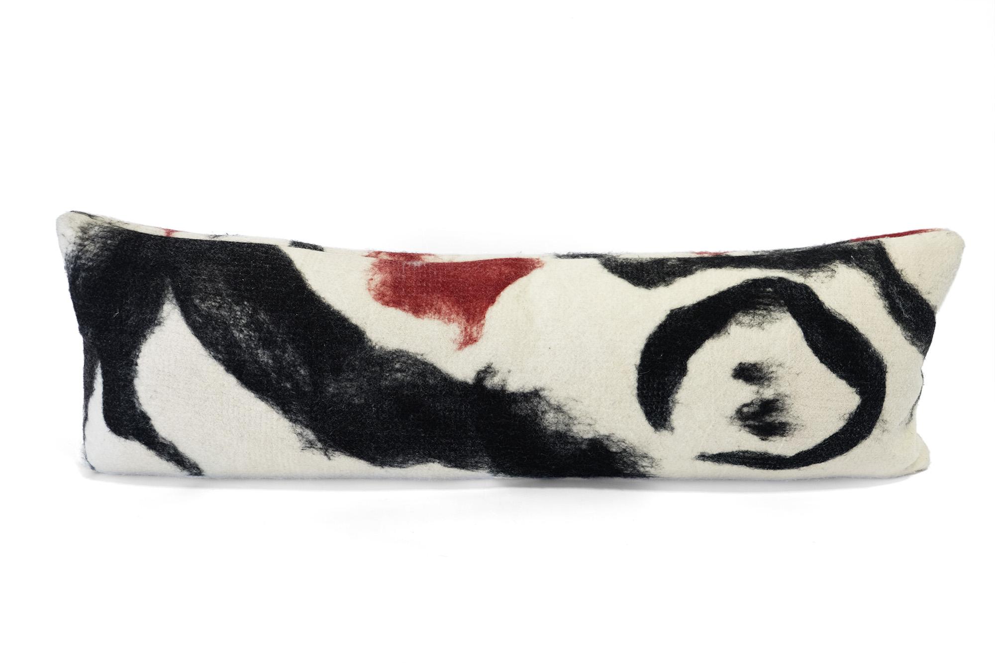 Painterly Black, Red brush strokes applied by hand-felting.  Body Pillow is nicely sized for a King or Q bed or large sofa. Hand-painted with carded wool at our California workshop, this pillow is one of a kind. Ships with 