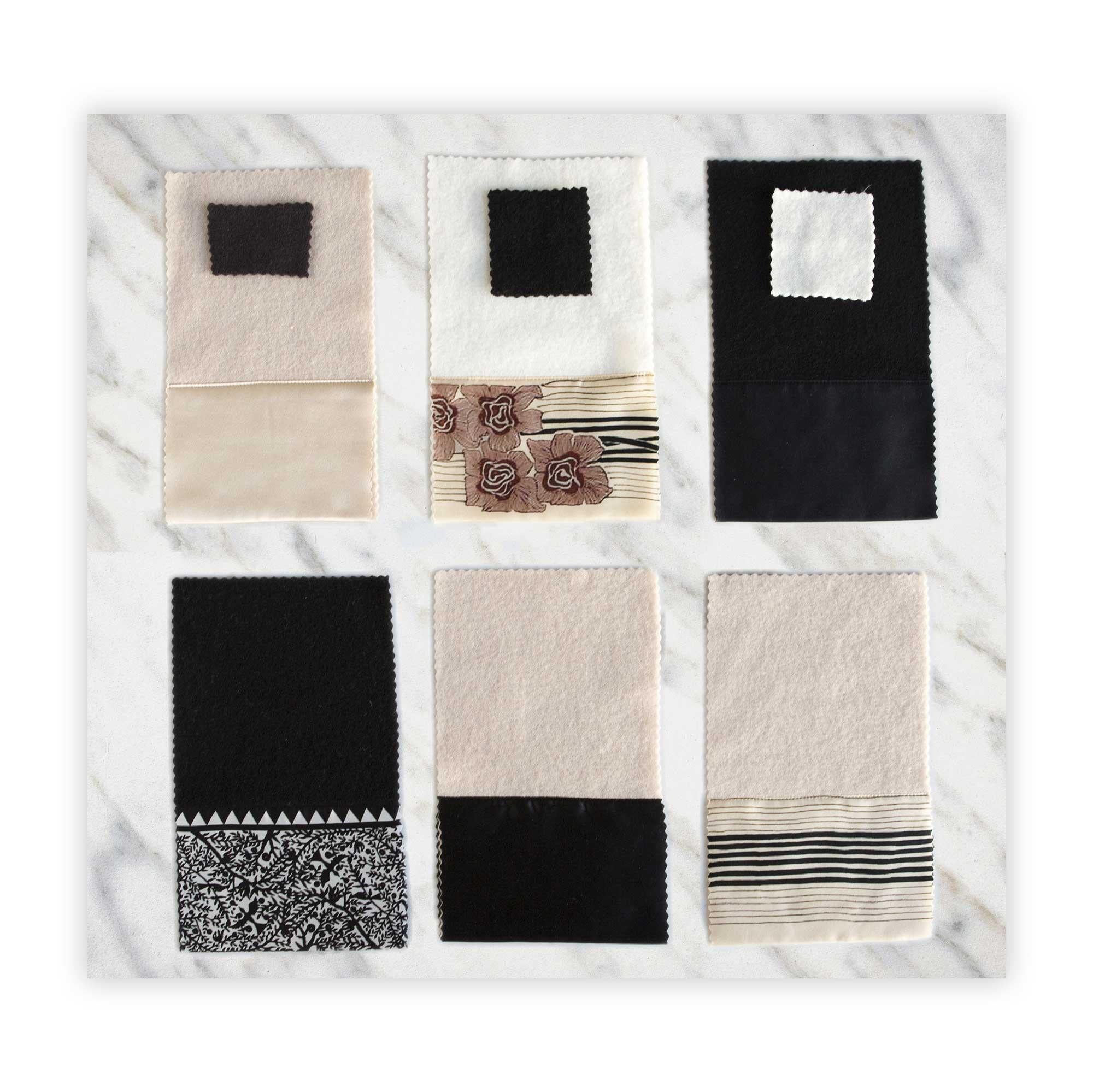 JG SWITZER's blankets are designed in-house and exist nowhere else in the world. This is a selection - you choose and please specify up to three swatches - with specific silk and/or blanket stitch finishing. We offer 1) CASHMERE/WOOL BLEND. Cashmere