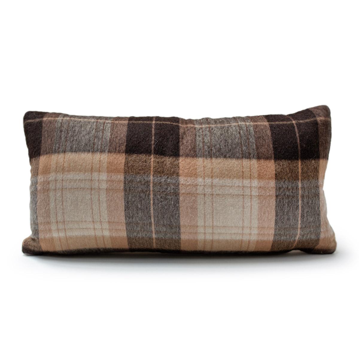 Pillow front in hand-painted, Tahoe with Cream felted wool fabric by JG SWITZER, backed with Sandra Jordan Prima Alpaca in Plaid Espresso Camel.

Pillow comes with a hidden zipper enclosure and ships with an insert. This is Dry Clean Only.