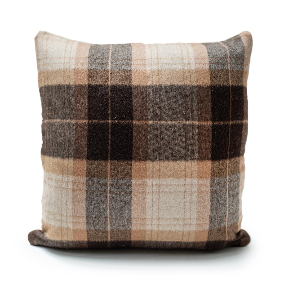 Pillow front in hand-painted, Tahoe with Cream felted wool fabric by JG SWITZER, backed with Sandra Jordan Prima Alpaca in Plaid Espresso Camel.

Pillow comes with a hidden zipper enclosure and ships with an insert. This is Dry Clean Only.