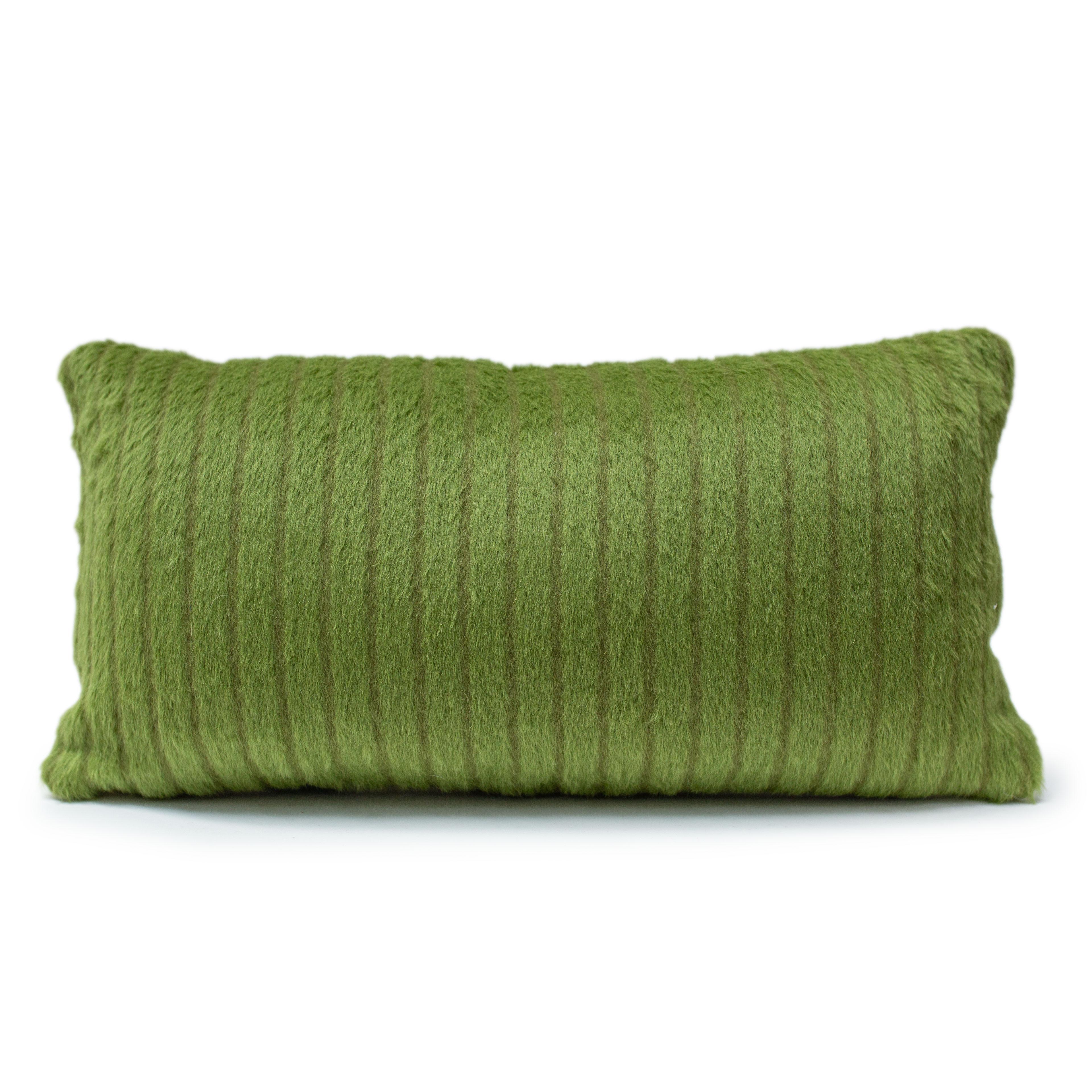 Pillow front in hand-painted, botanical plant-dyed felted wool fabric by JG SWITZER, backed with Sandra Jordan Prima Alpaca in Solid Lime. 

Please note: Lime pillow backing will be SOLID as seen on the body pillow, not striped. Feel free to reach