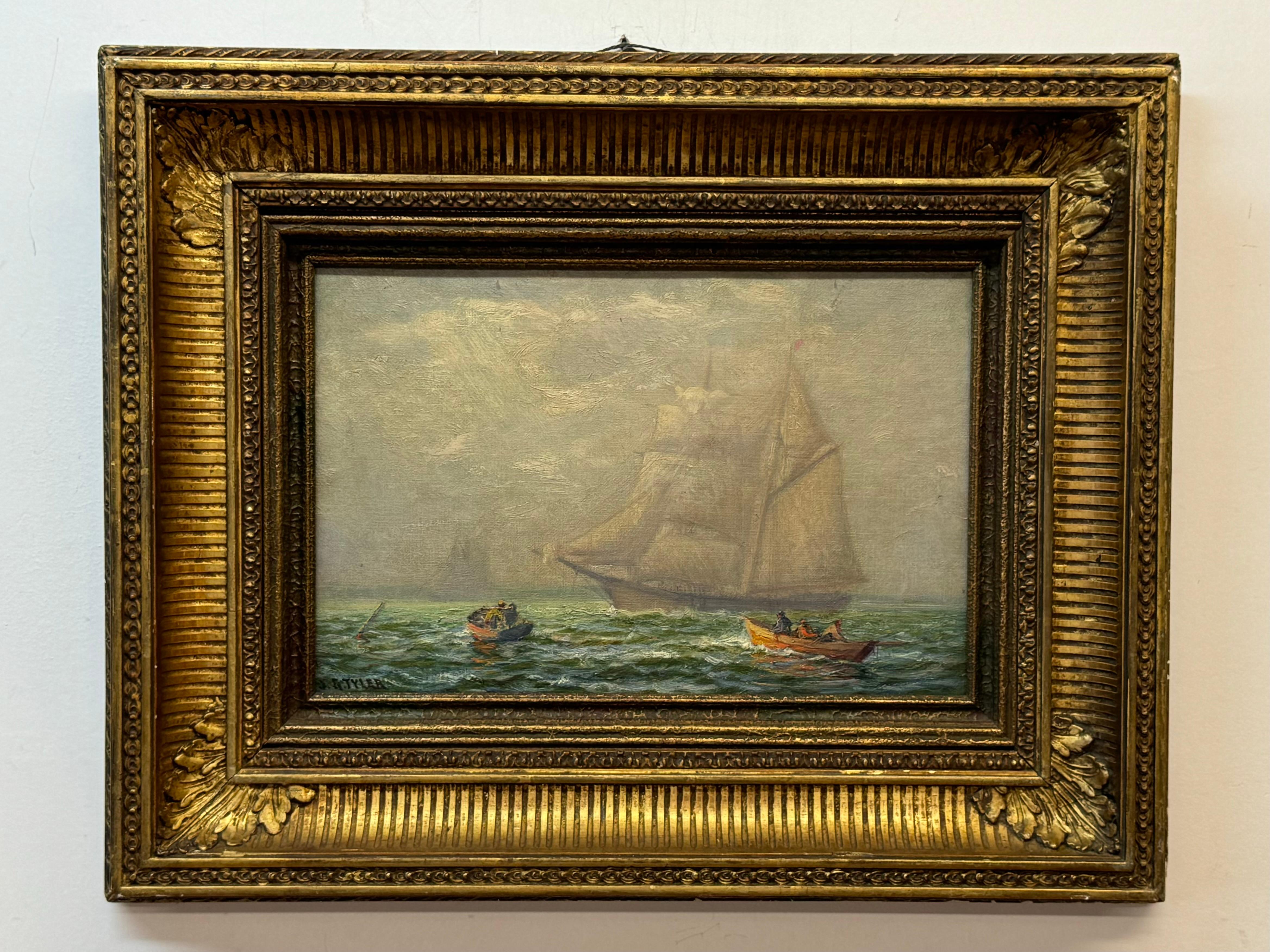 J.G. Tyler late 19th century Seascape with ship and boats. Oil on canvas board. 8 x 12 unframed, 14.75 x 18.5 framed.